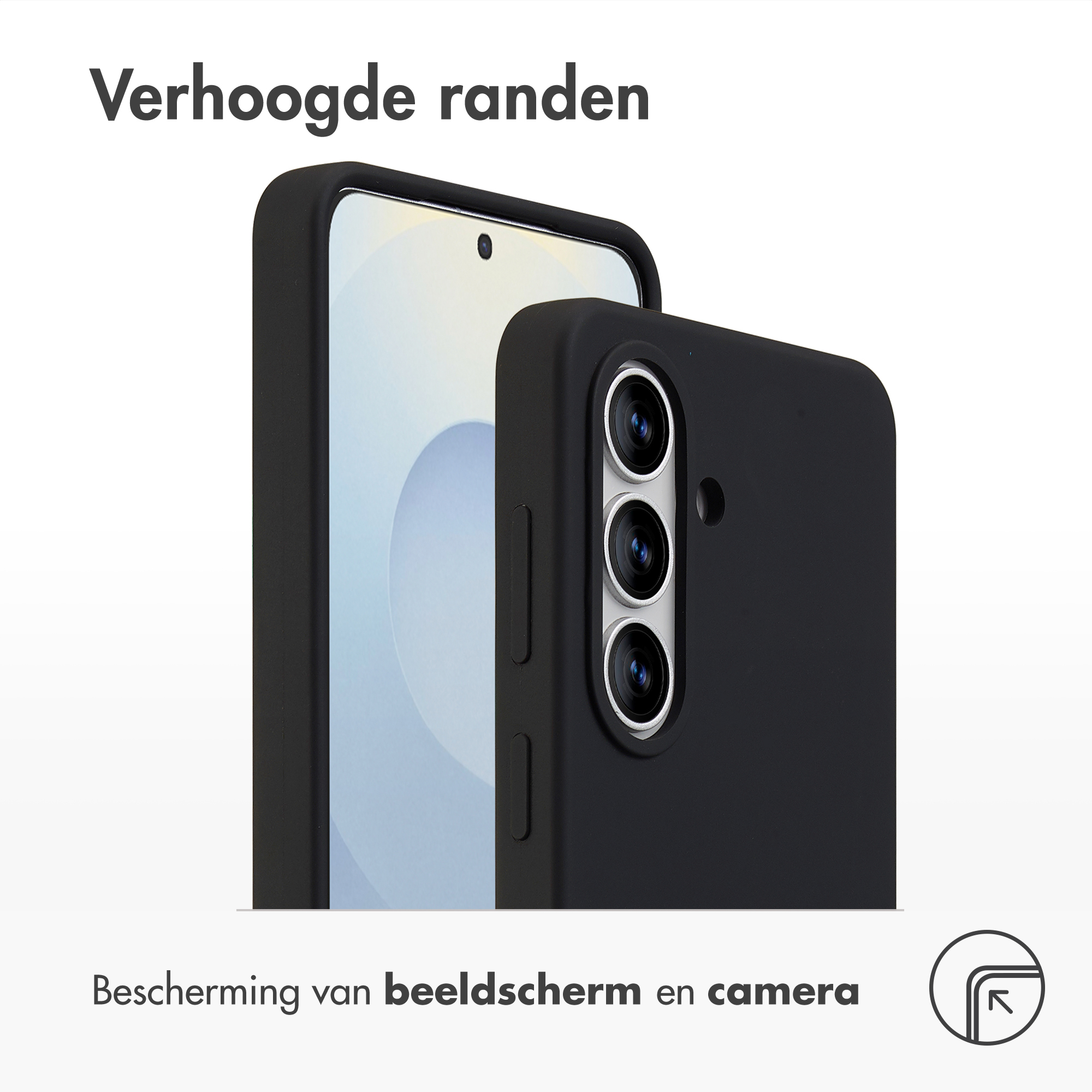 Zwarte telefoonhoes met verhoogde randen beschermt scherm en camera.