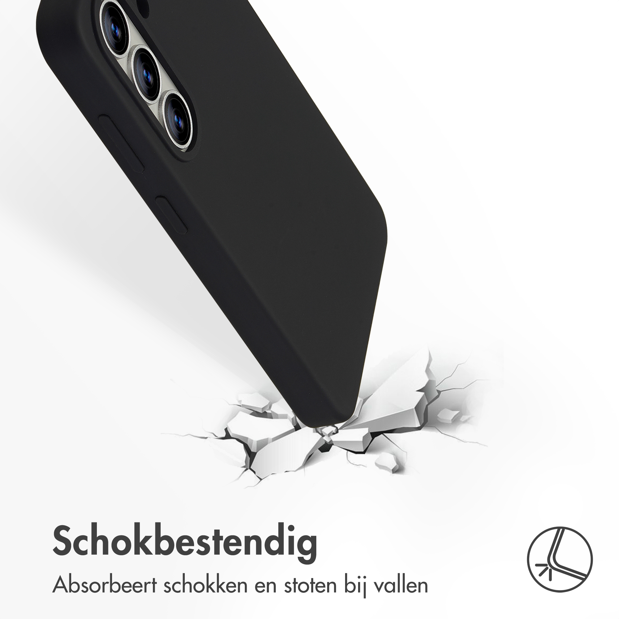 Zwart telefoonhoesje raakt gebroken grond, impact graphic.