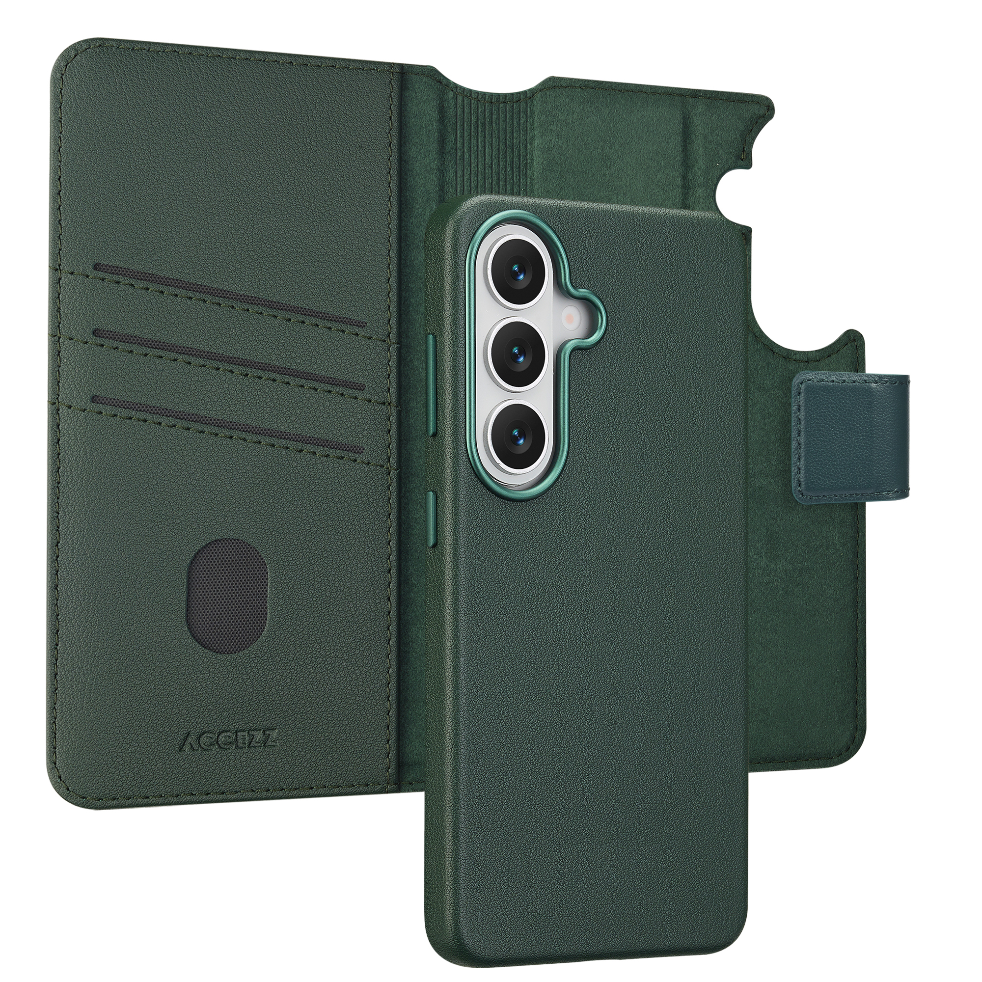 Coque de téléphone vert foncé avec fentes pour cartes et rabat arrière.