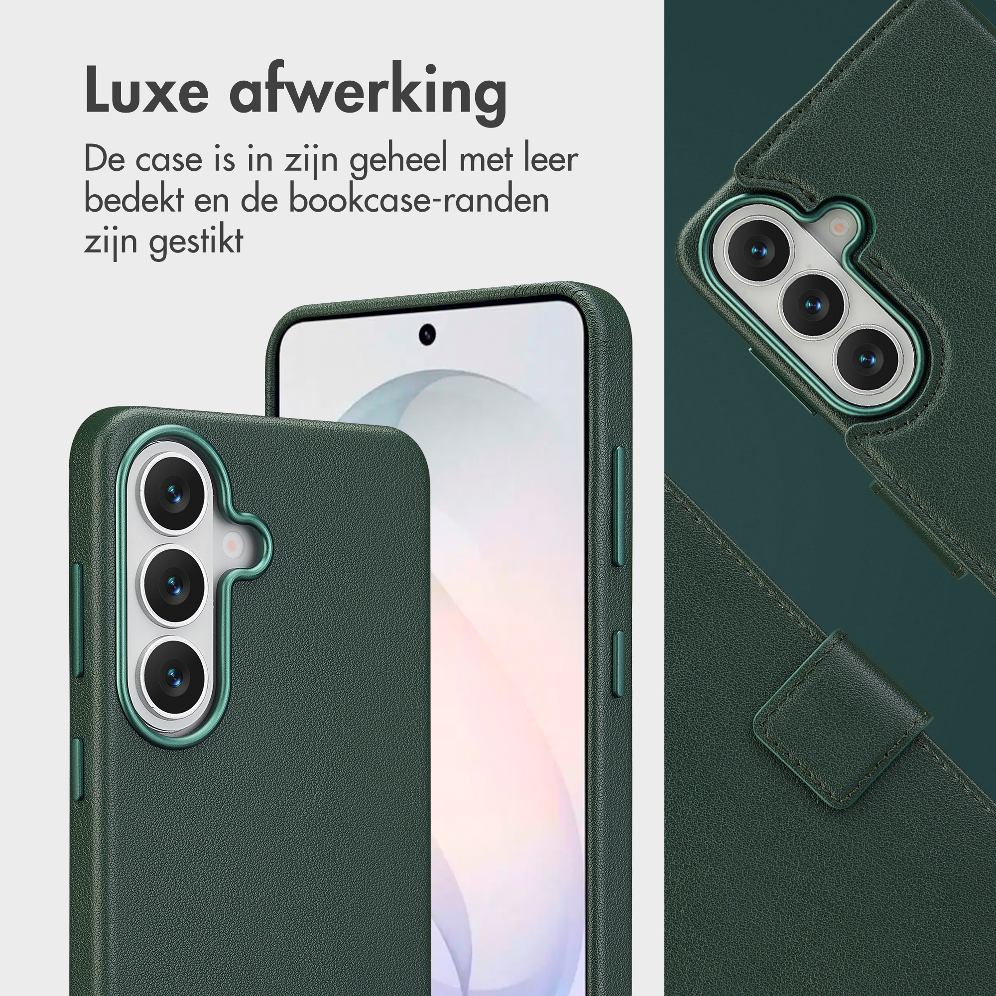Coque de téléphone en cuir vert foncé avec découpe caméra et surpiqûres.