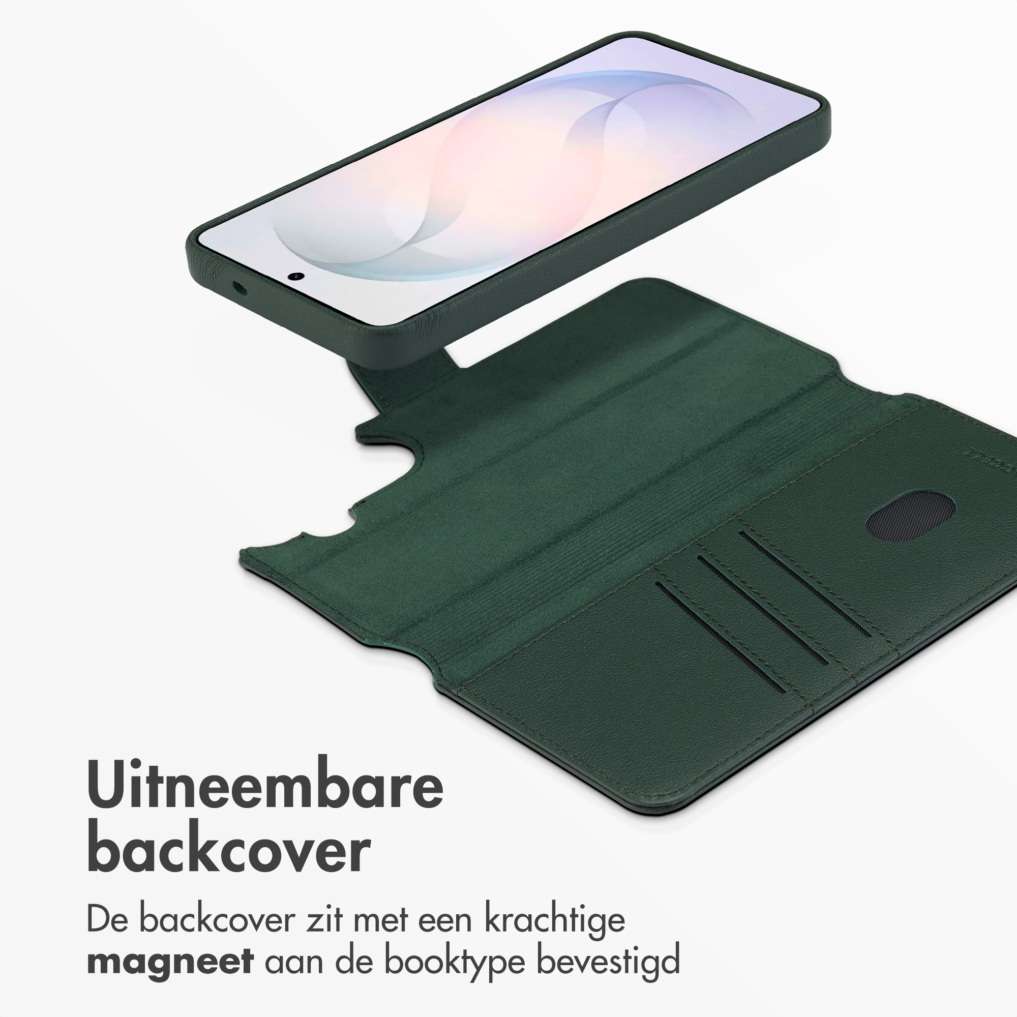 Une coque de téléphone verte avec dos détachable et fentes.