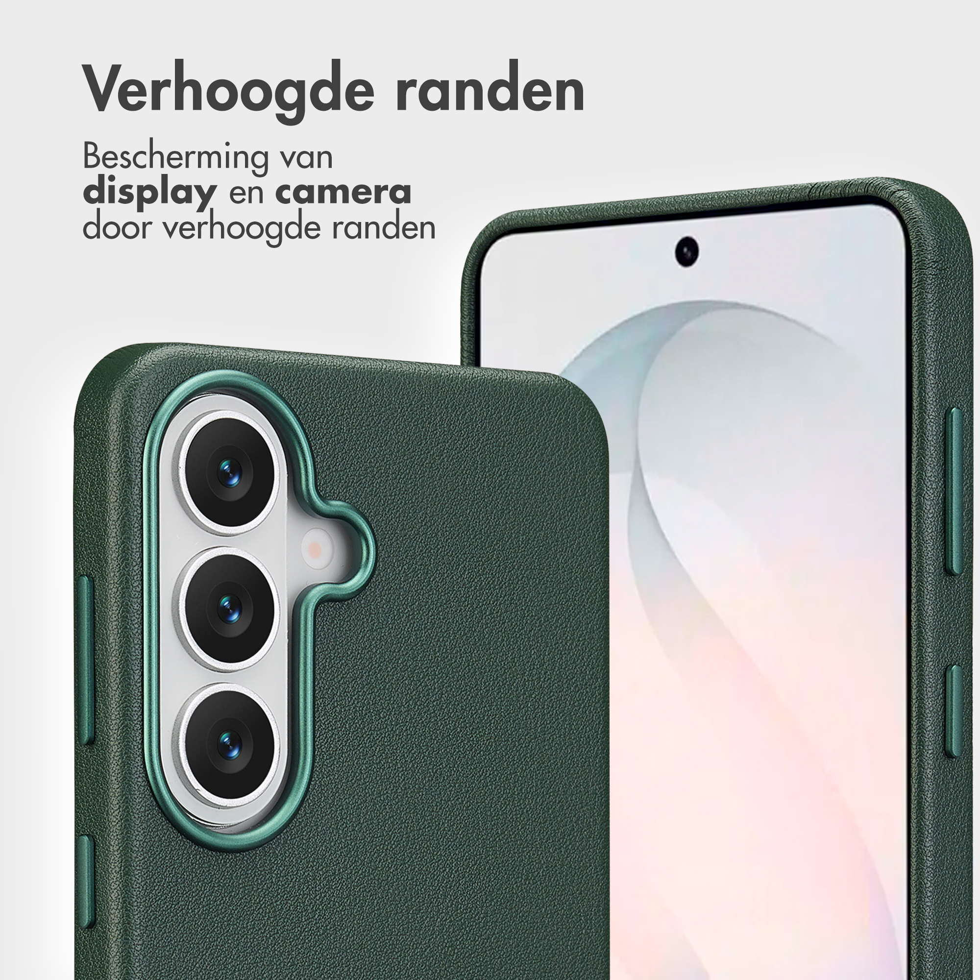 Coque de téléphone vert foncé avec découpe caméra et bord d'écran surélevé.