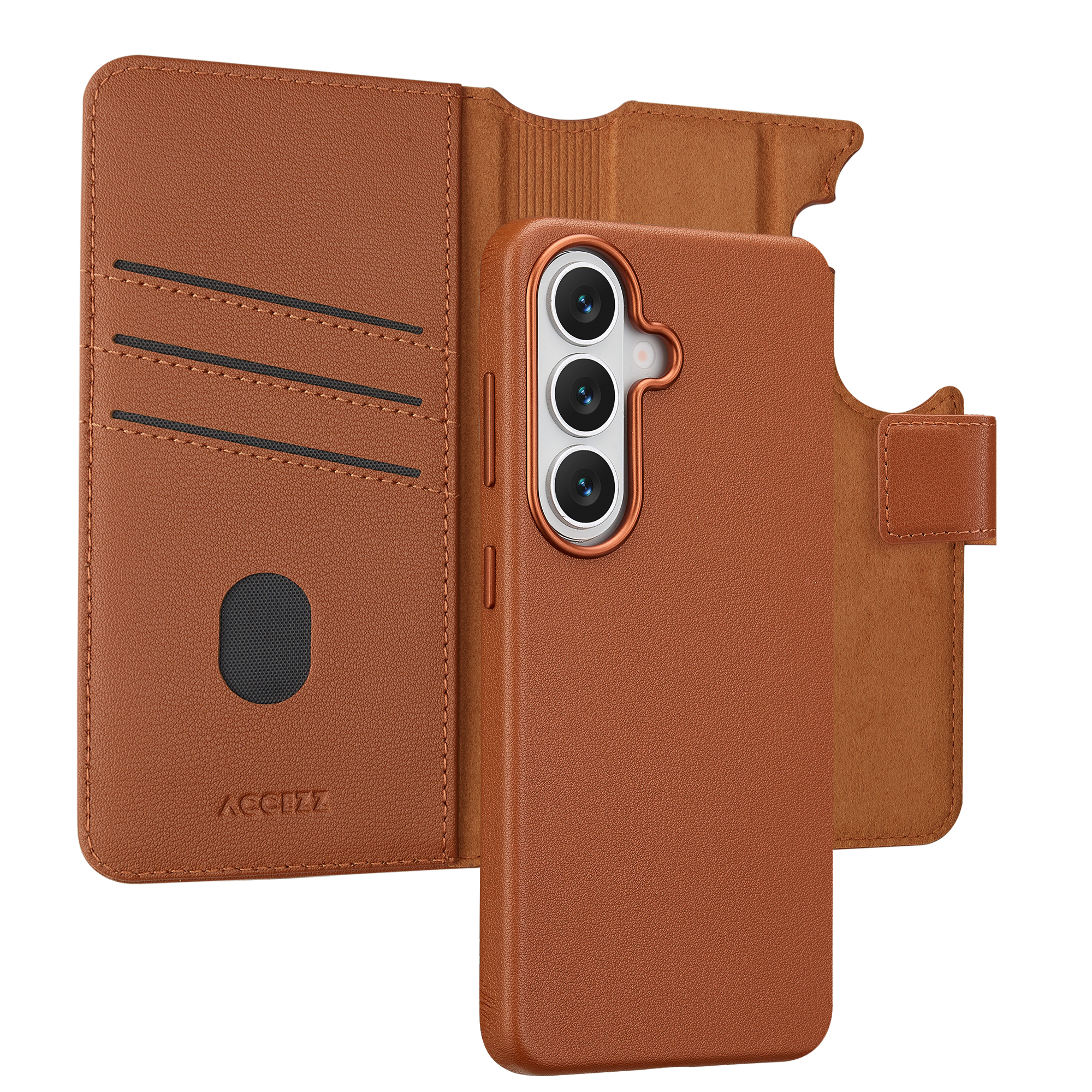 Étui de téléphone en cuir marron avec fentes pour cartes et découpe caméra.