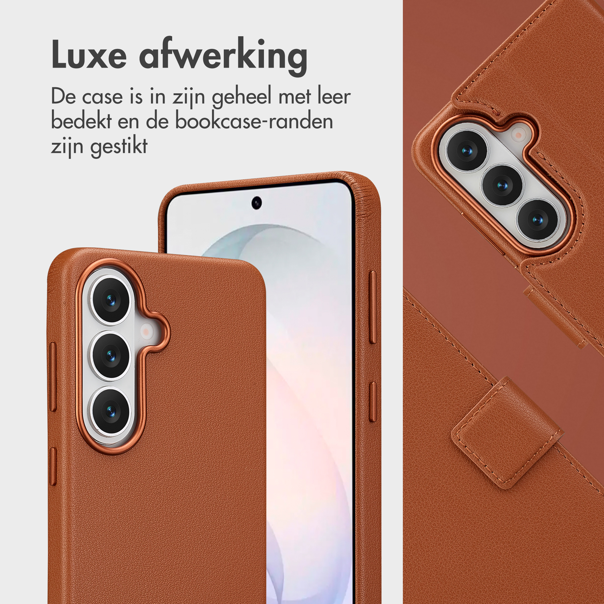 Étui de téléphone en cuir marron avec trois objectifs de caméra et un écran.