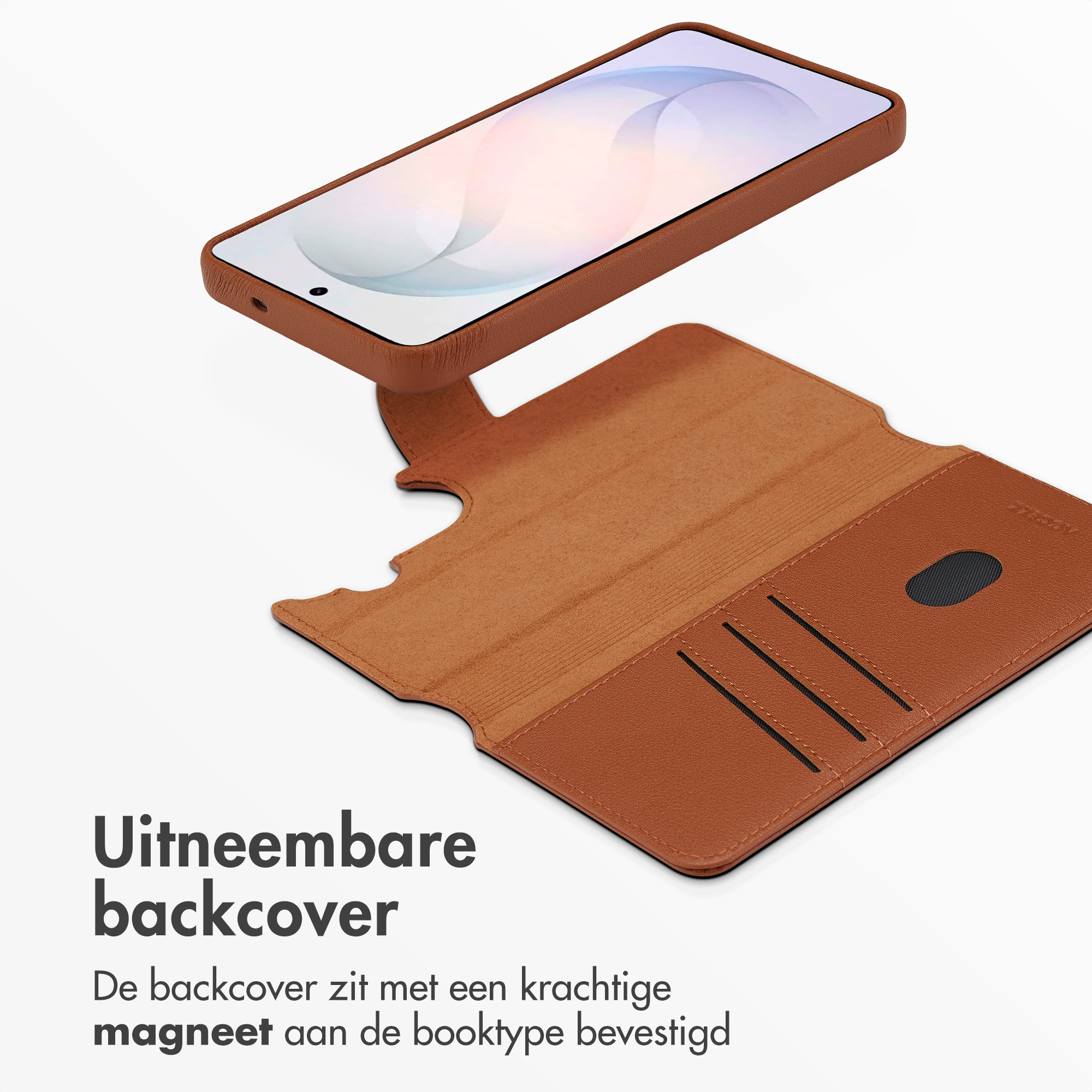 Étui de téléphone en cuir marron avec dos amovible.