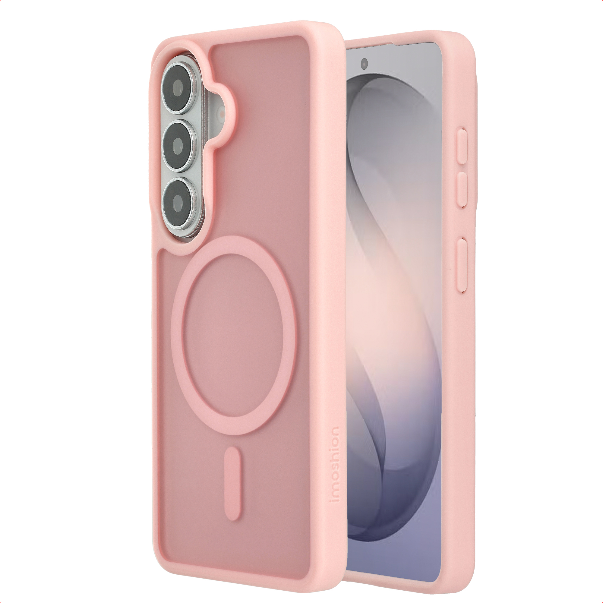 Een roze telefoonhoesje met drie cameralenzen en een magneetring.