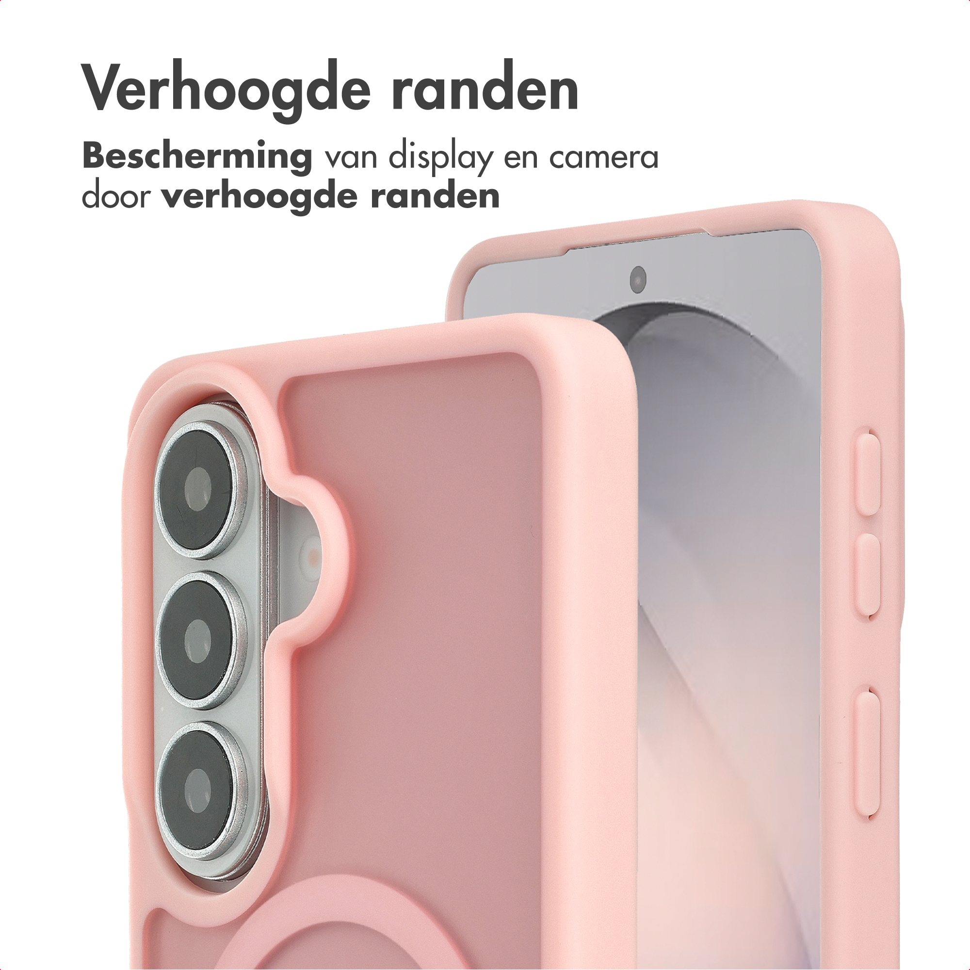Roze telefoonhoes met verhoogde randen, beschermt camera en display.