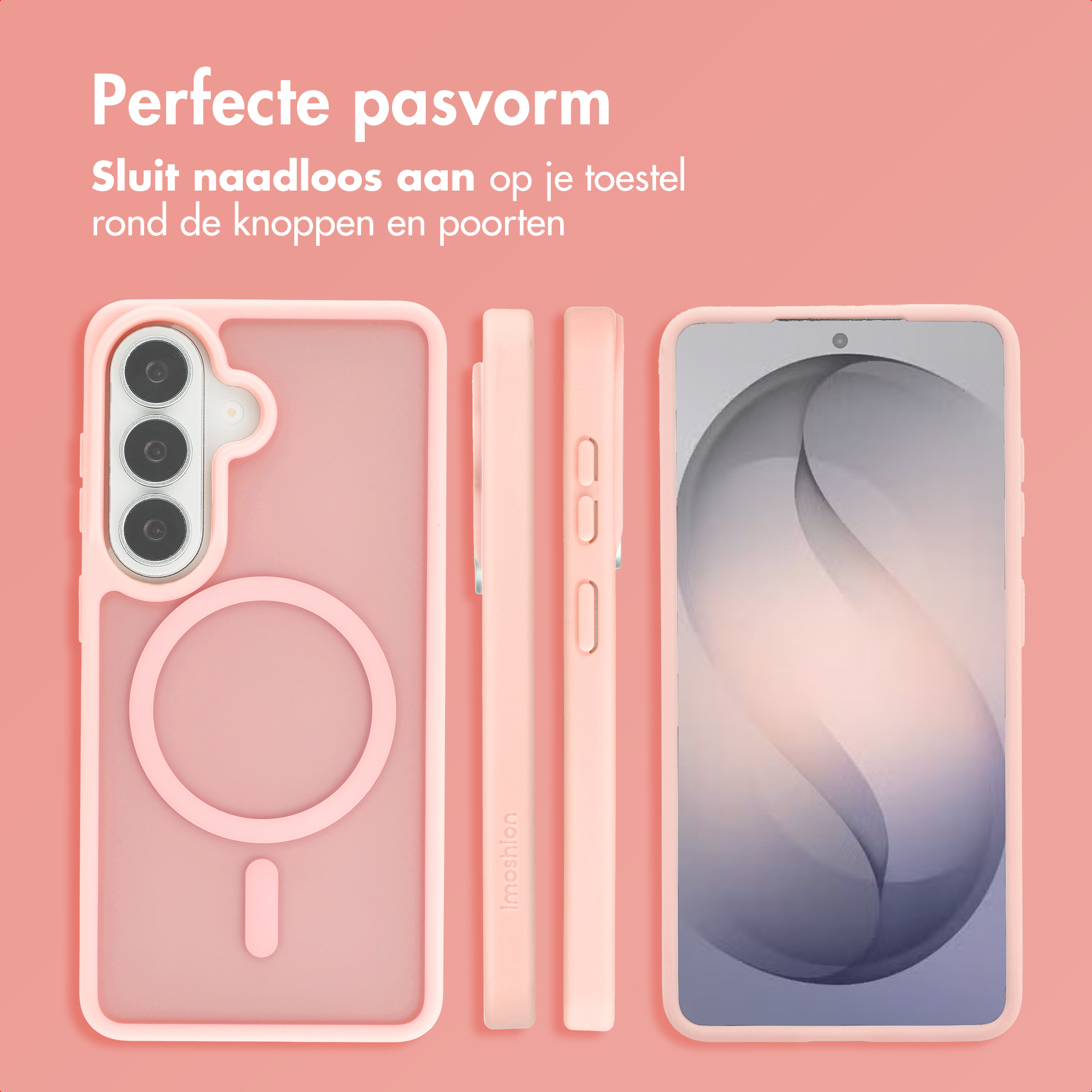 Een roze telefoonhoes met magneetring voor een smartphone wordt getoond.