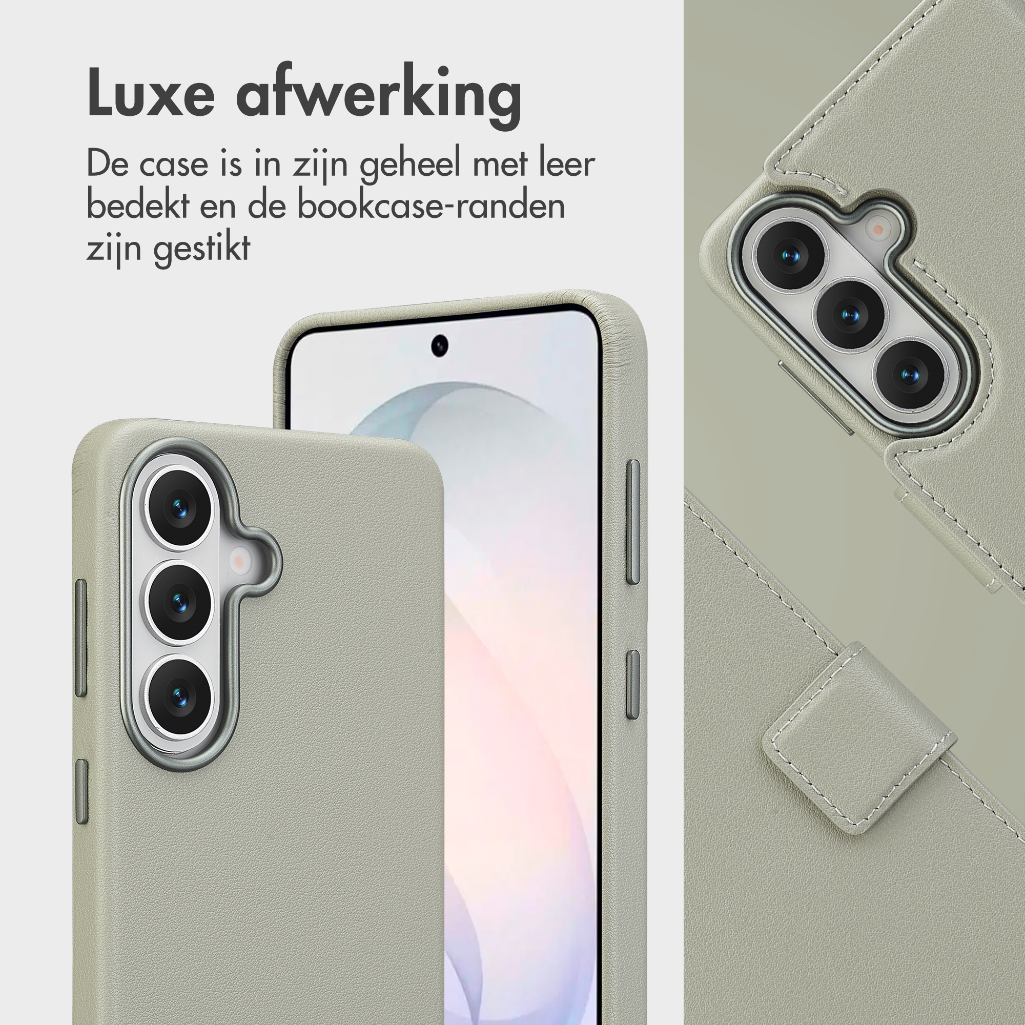 Lichtgrijze leren telefoonhoes met camerauitsparing en stiksels.