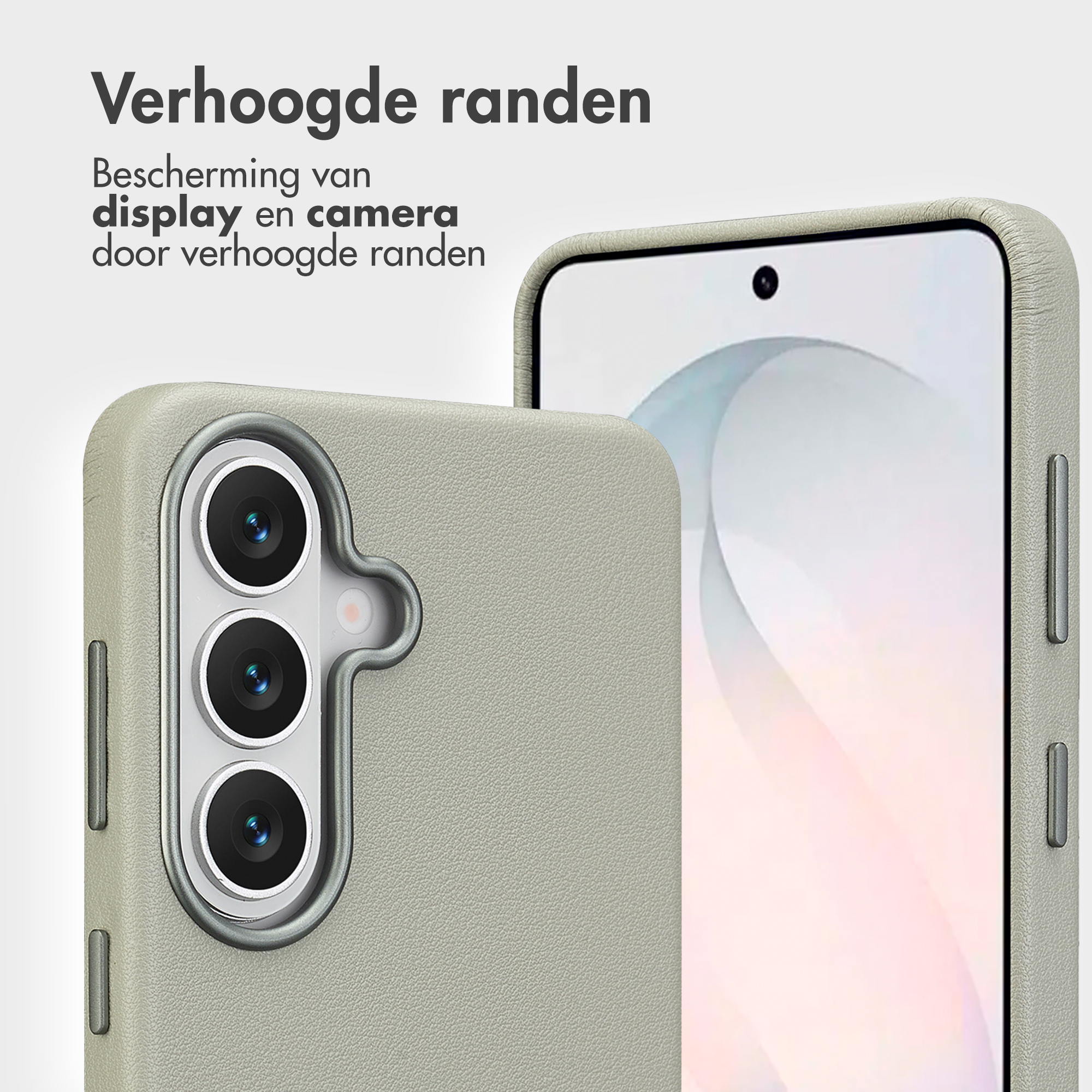 Lichtgrijze telefoonhoes met camera en scherm.