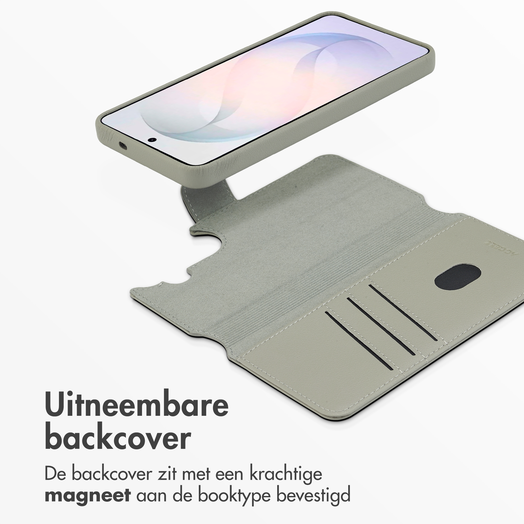 Grijze telefoon met afneembare hoes met kaartsleuven.