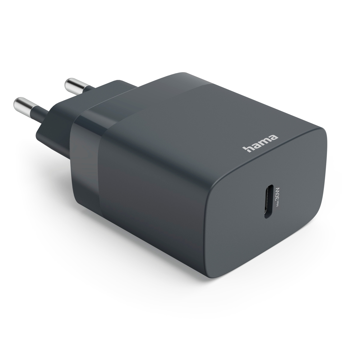 Ciemnoszara ładowarka Hama USB-C z dwoma pinami i mocą maks. 30W.