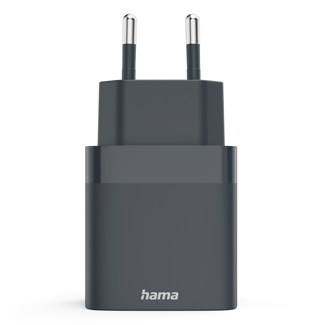 Ciemnoszary adapter wtyczki Hama z dwoma srebrnymi bolcami.