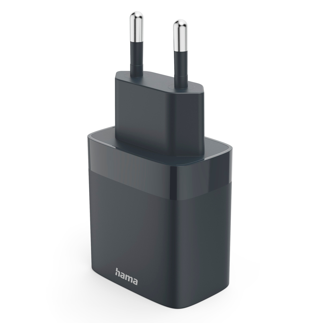 Ciemnoszary adapter sieciowy z dwoma srebrnymi bolcami i logo Hama.