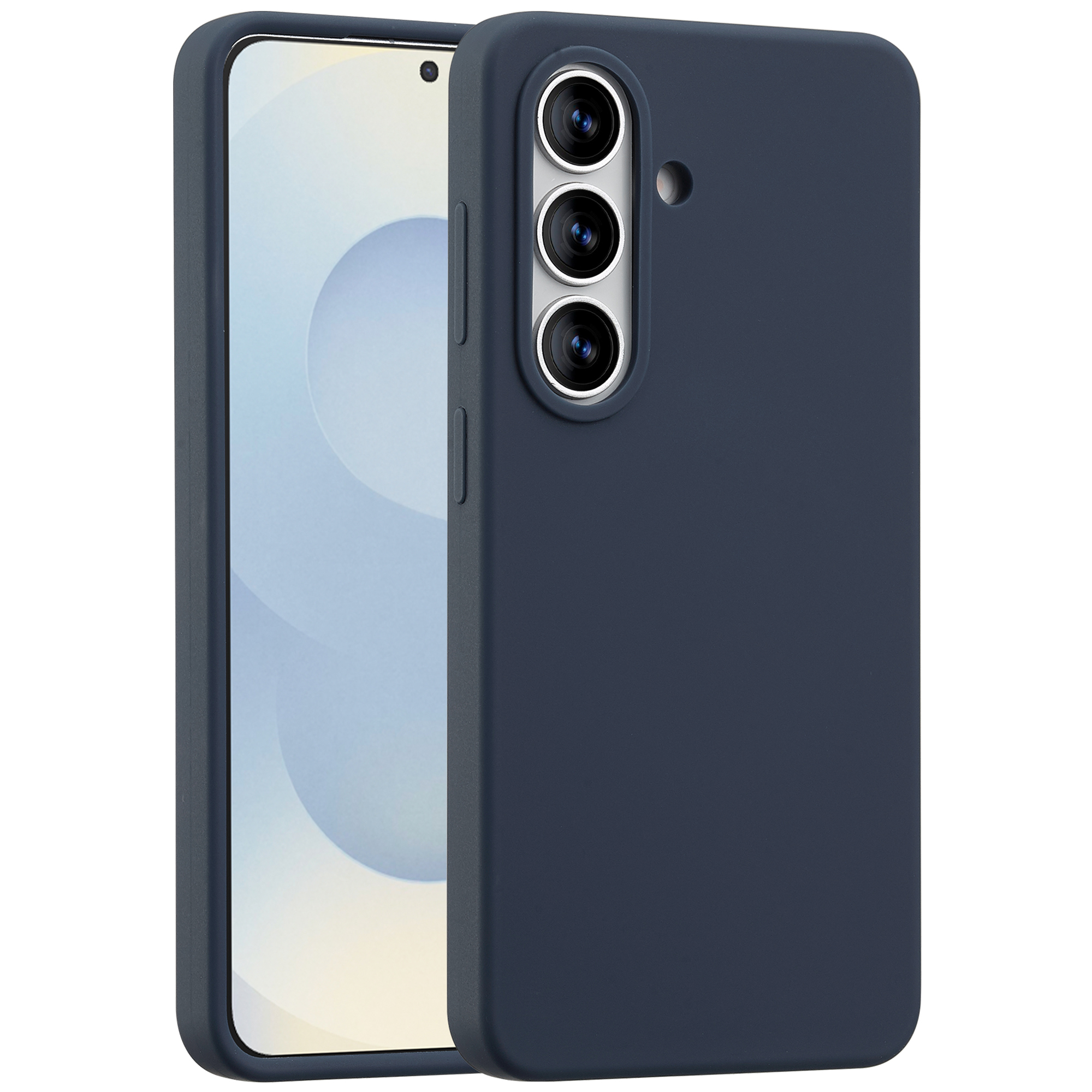 Donkerblauwe telefoonhoes met drievoudige camera, op witte achtergrond.