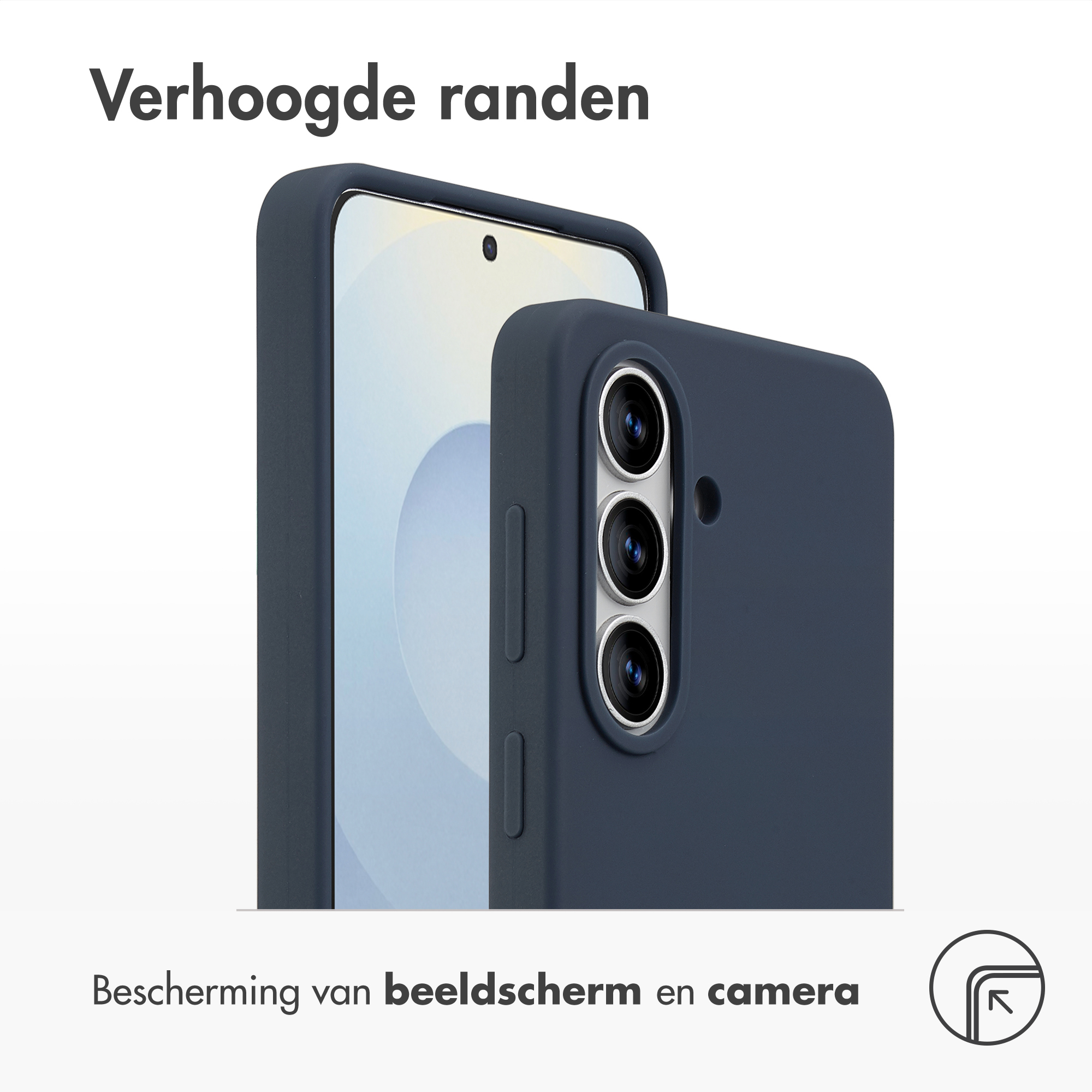 Donkerblauwe telefoonhoes met cameralens en verhoogde randen.