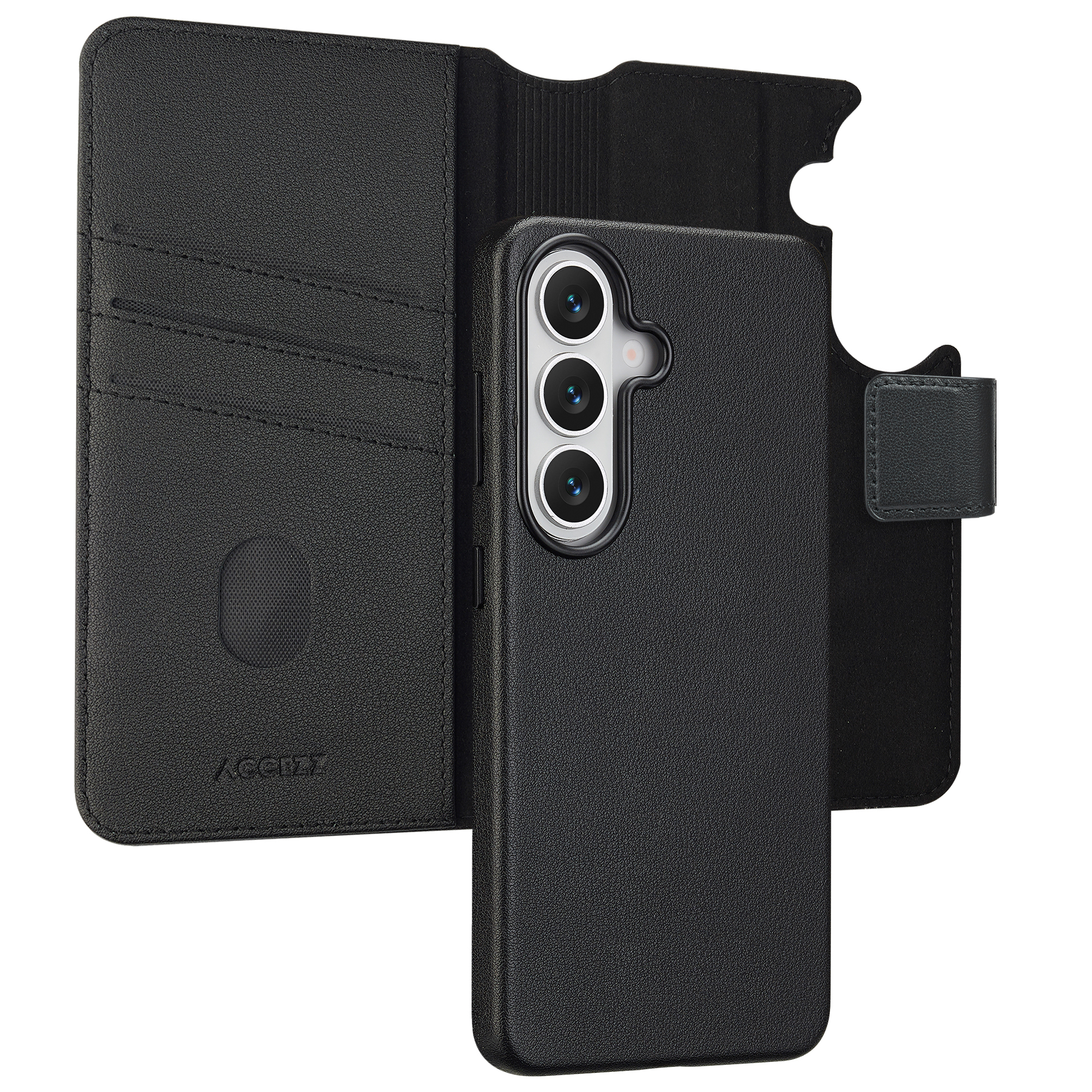Étui portefeuille en cuir noir avec fentes pour cartes et coque de téléphone.