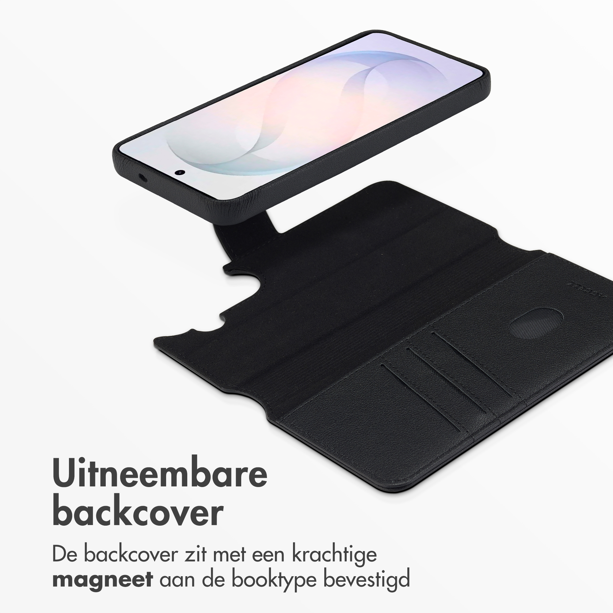 Un smartphone noir avec une couverture livre détachable repose à côté.