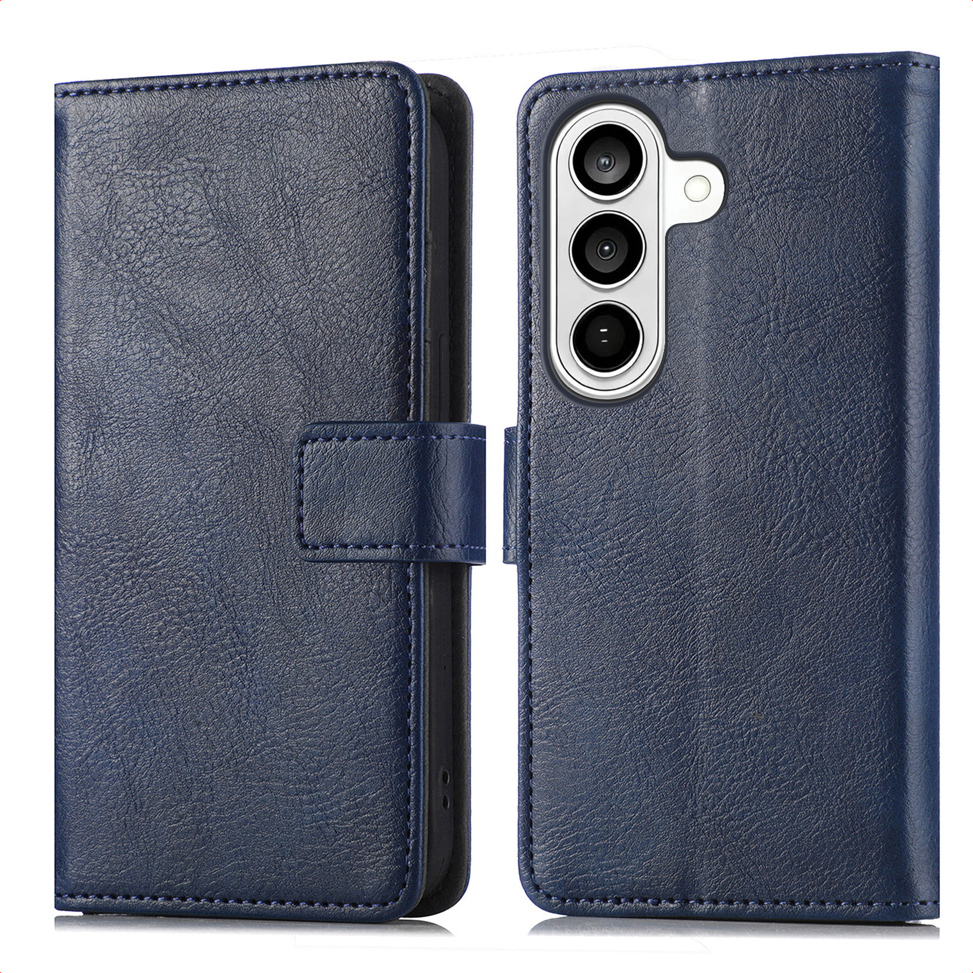 Étui de téléphone en cuir bleu marine, montré fermé et ouvert avec caméra.