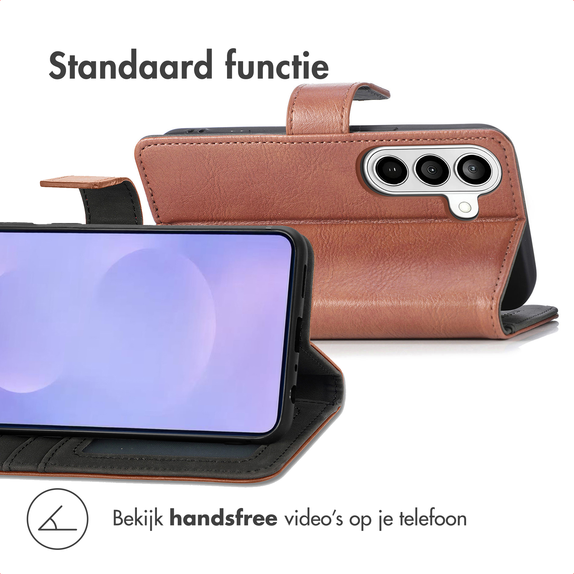 Bruine leren telefoonhoes met standaardfunctie.