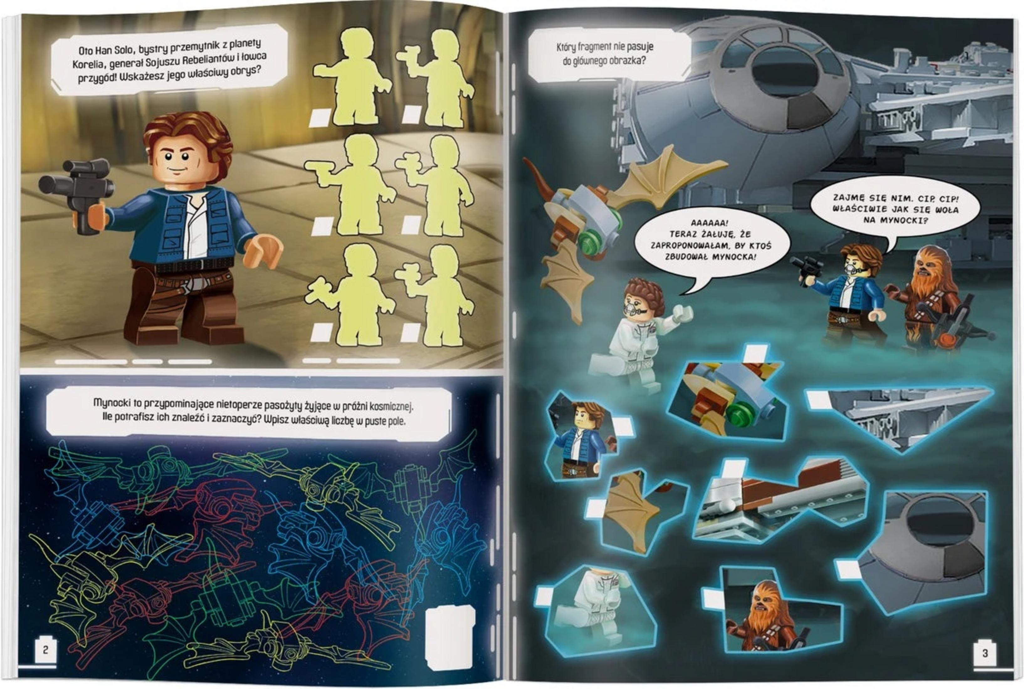 Figurki Lego Hana Solo i Chewbaccy przed Sokolem Millennium.