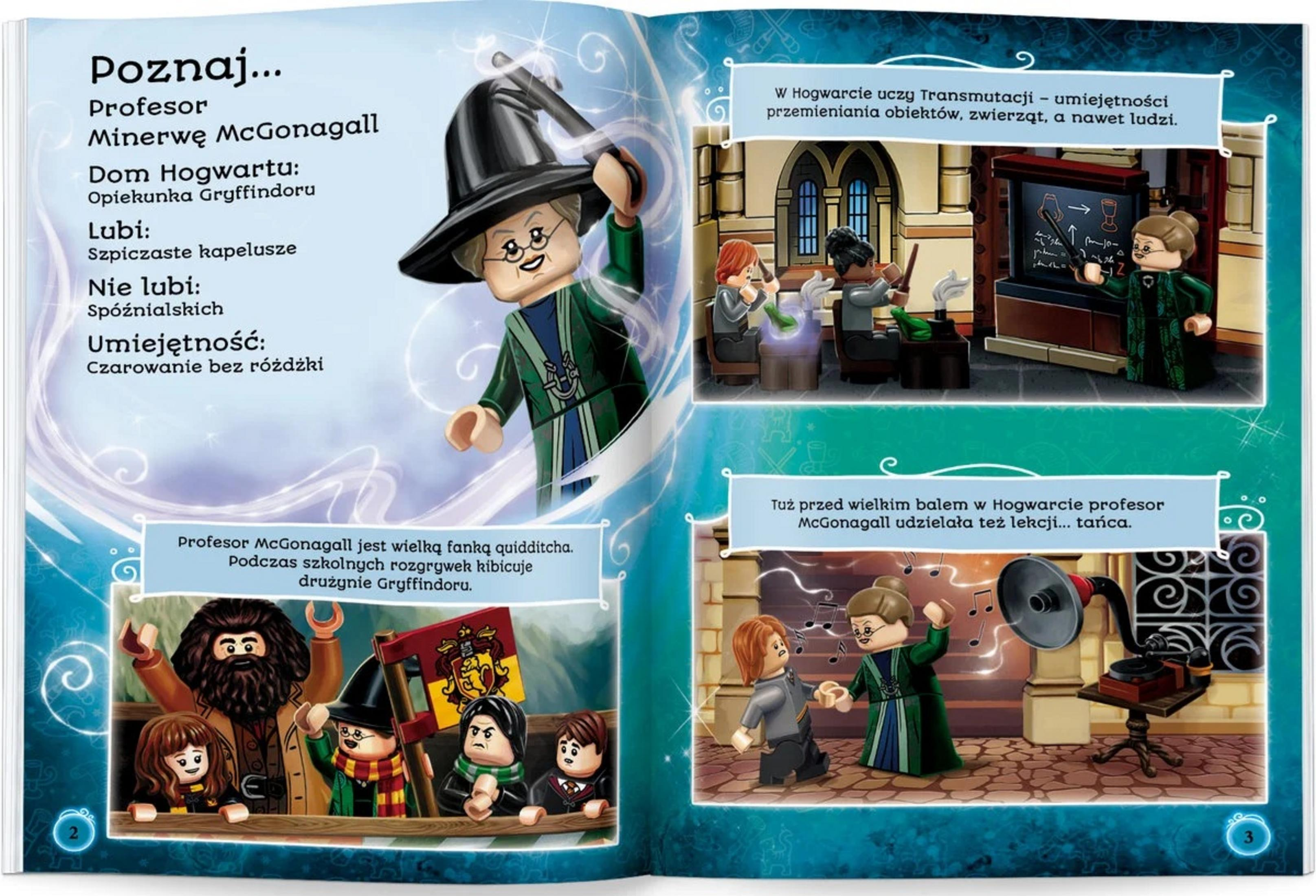 Profesor McGonagall z LEGO w kapeluszu, sceny Quidditcha i lekcja tańca.