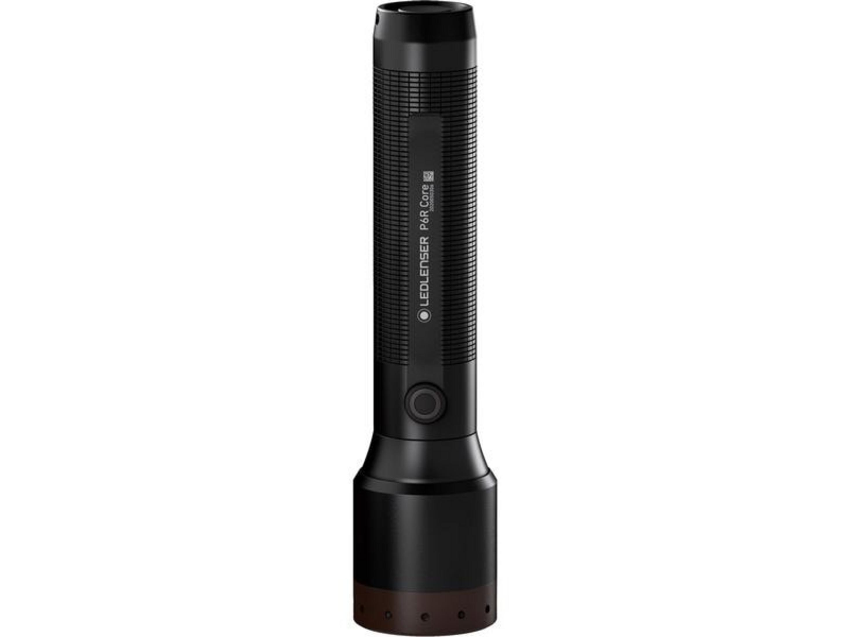 Schwarze LED-Taschenlampe mit geriffeltem Griff und silbernem Knopf.