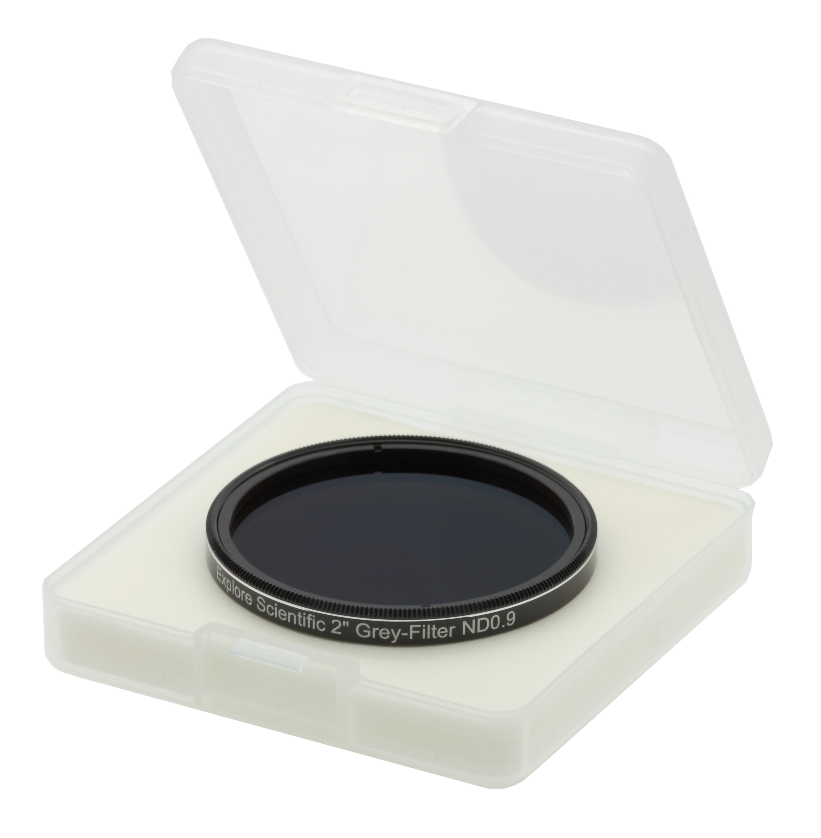 Ein grauer 2-Zoll-Filter mit ND0,9-Markierung in einer durchsichtigen Hülle.