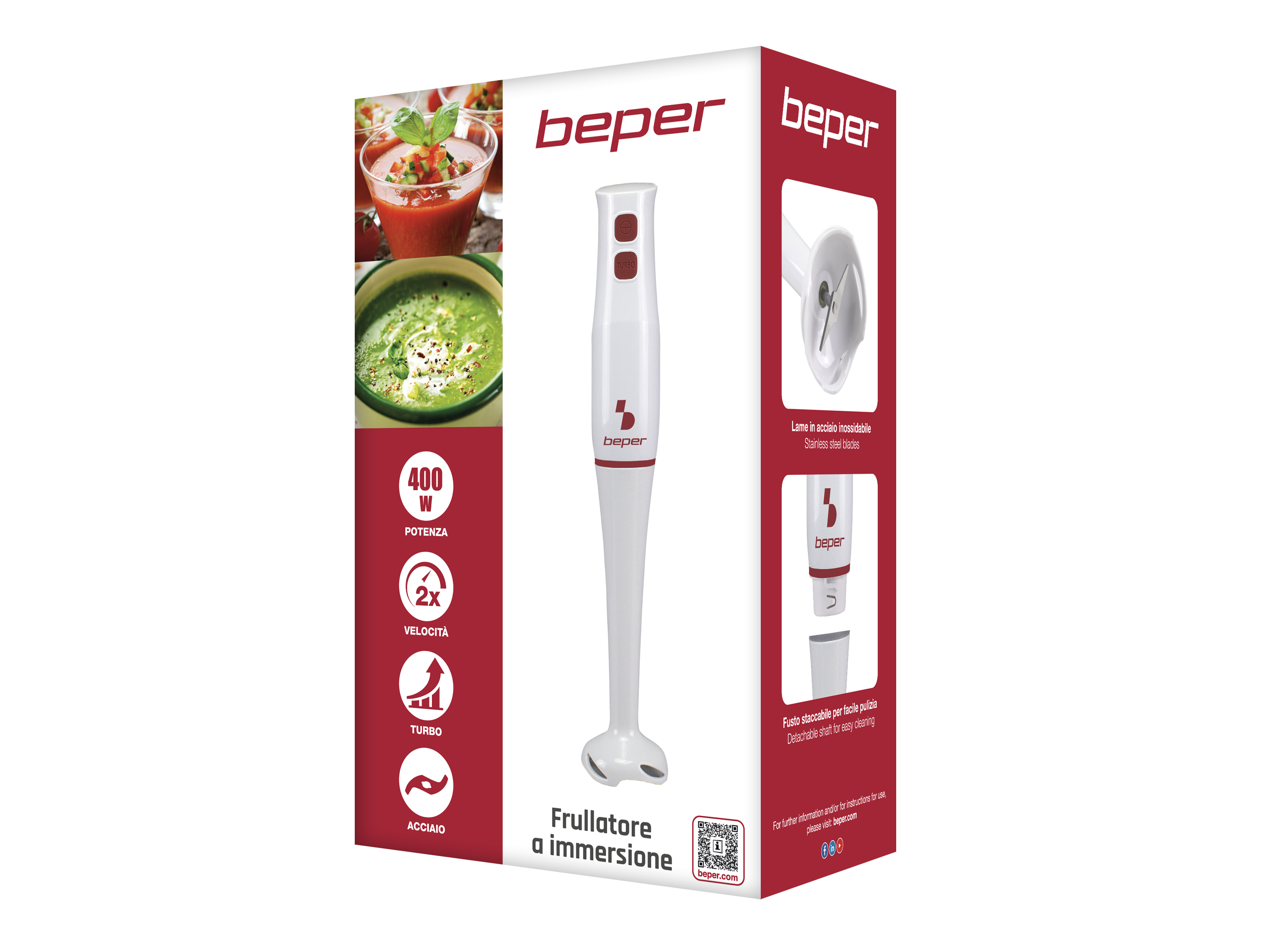 Biały blender ręczny z czerwonymi przyciskami i logo "beper".