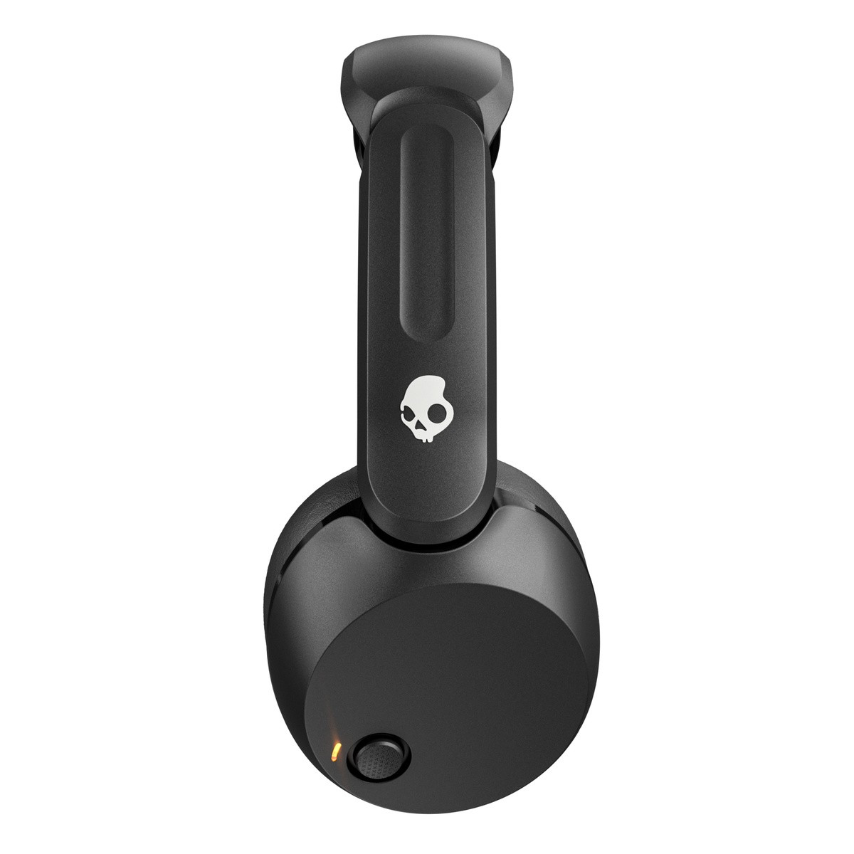 Schwarze Kopfhörer mit weißem Totenkopf-Logo und leuchtender orangefarbener LED.