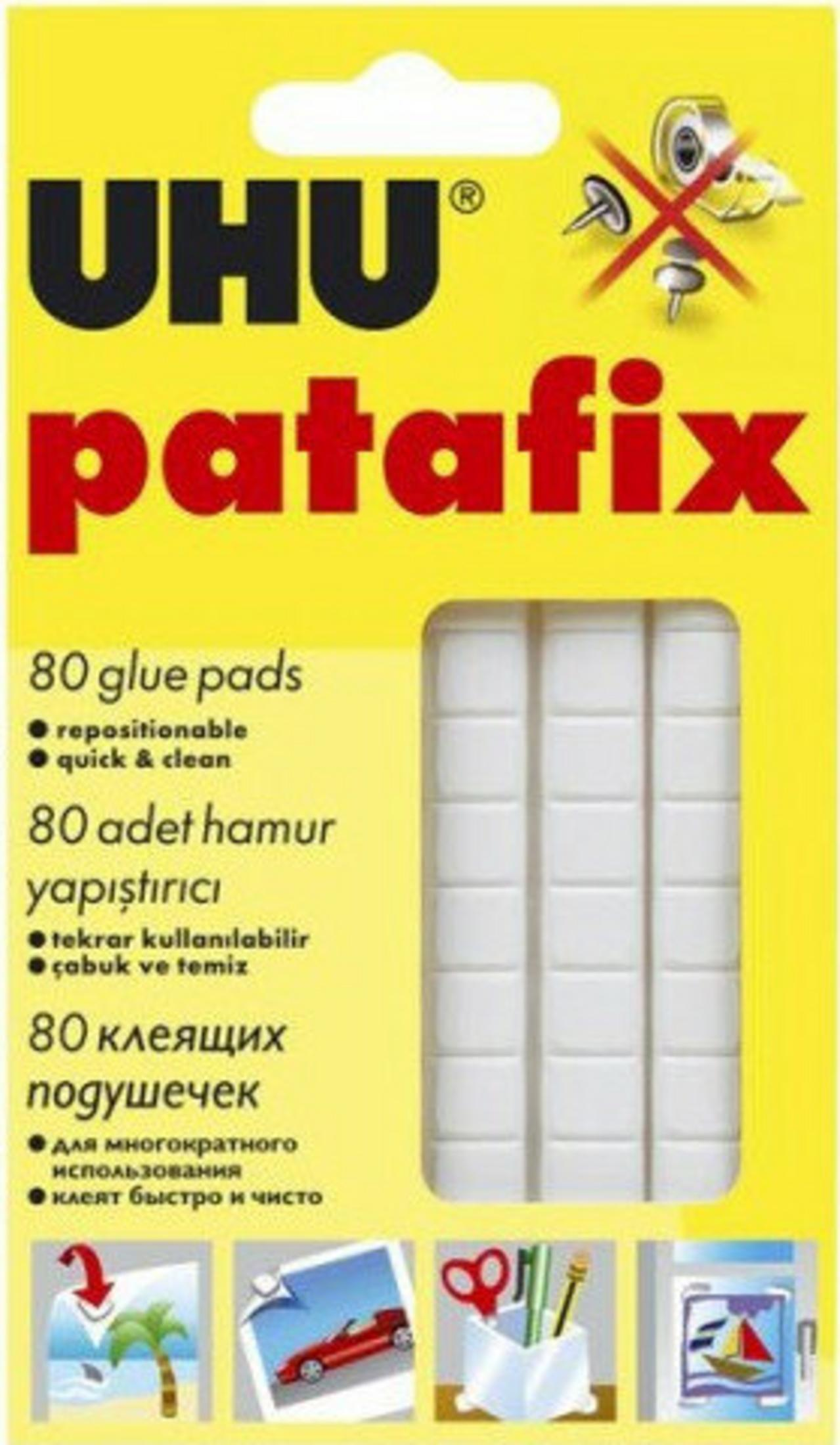 Opakowanie podkładek klejących UHU patafix z wizerunkiem podkładek.