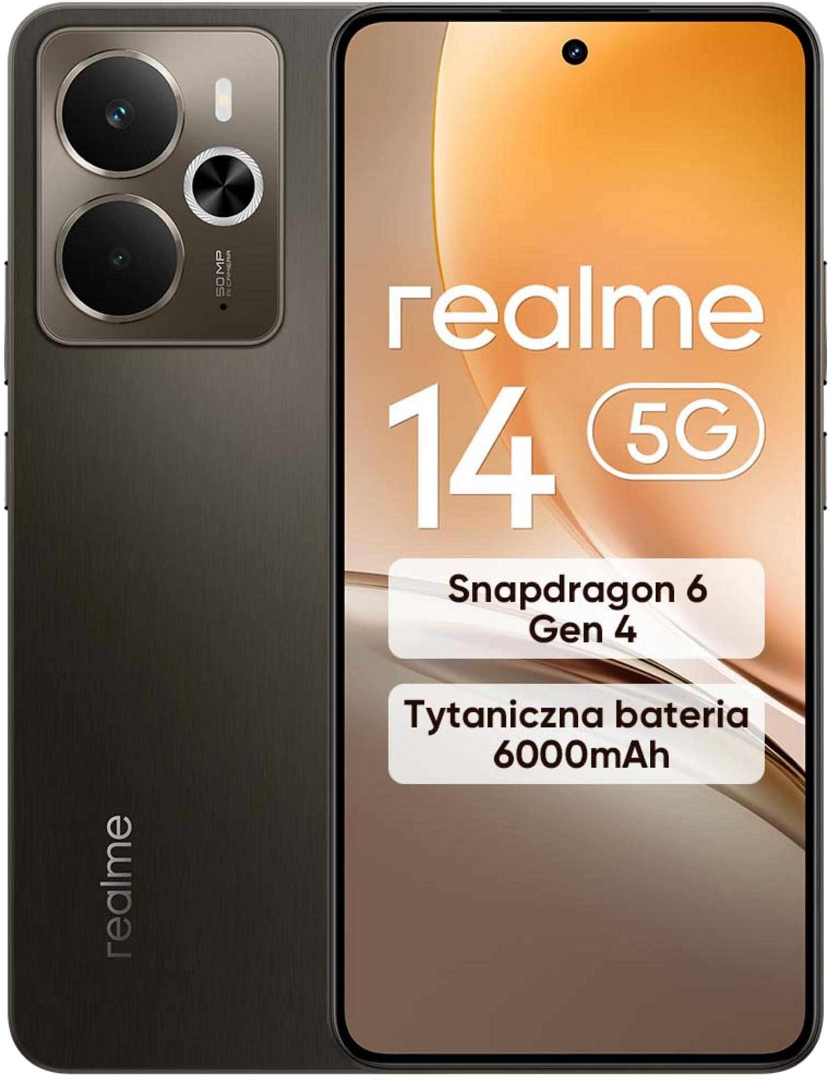 Ciemny smartfon Realme 14 5G ze Snapdragonem 6 Gen 4 i baterią 6000mAh.