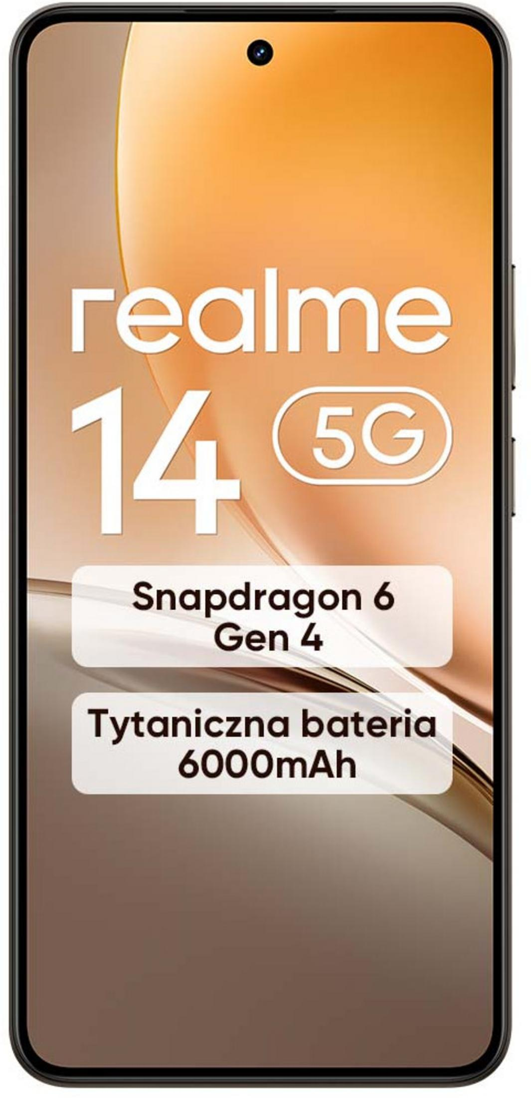 Telefon Realme 14 5G ze Snapdragonem 6 Gen 4 i baterią 6000mAh na żółtym tle.