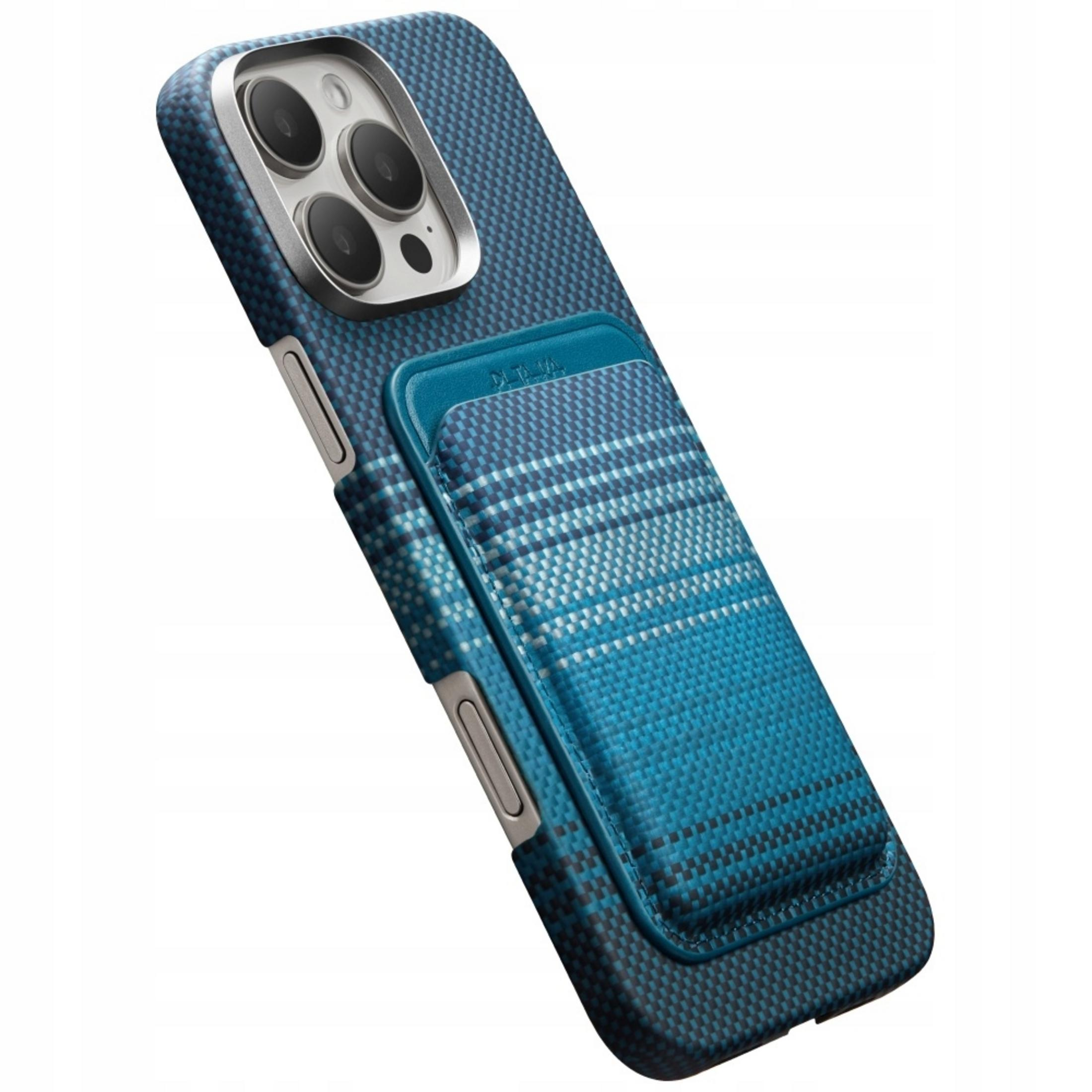 Funda de teléfono azul con patrón a cuadros y tarjetero.