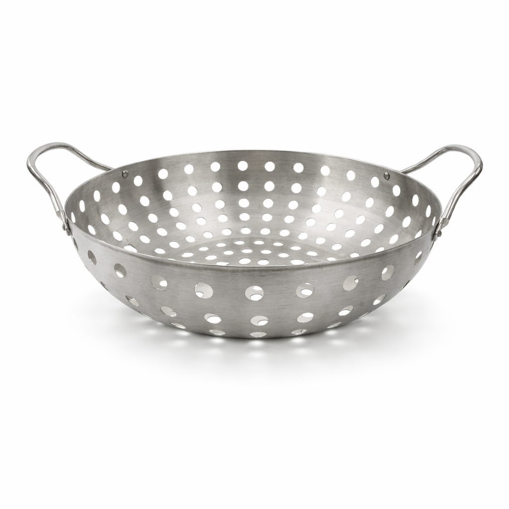 A round, perforated metal grill wok with two handles.