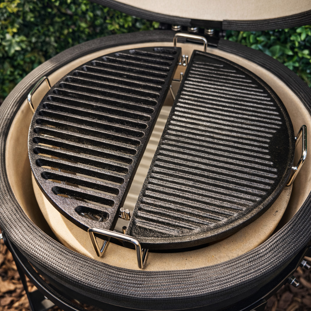 A half-round cast iron grill grate rests on a ceramic grill.