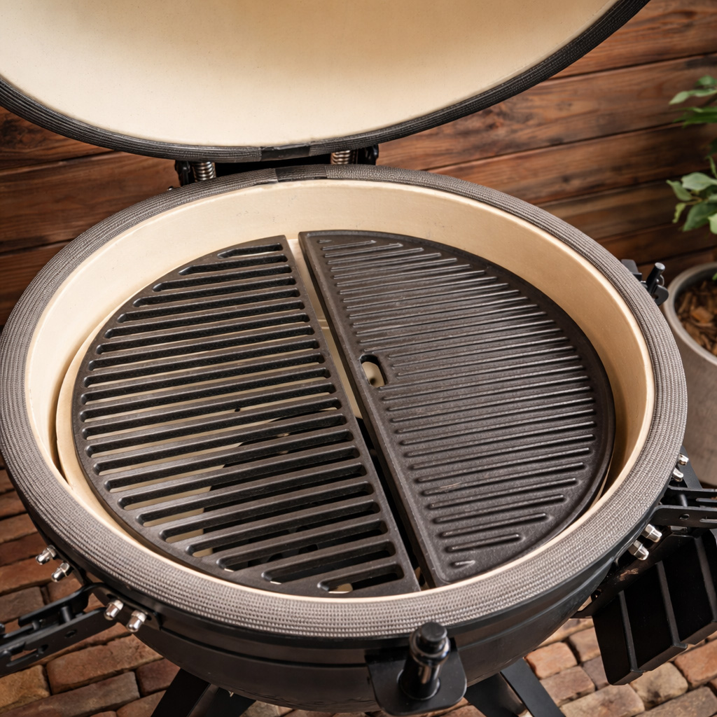 An open ceramic grill with two cast iron grates, set on a wooden deck.