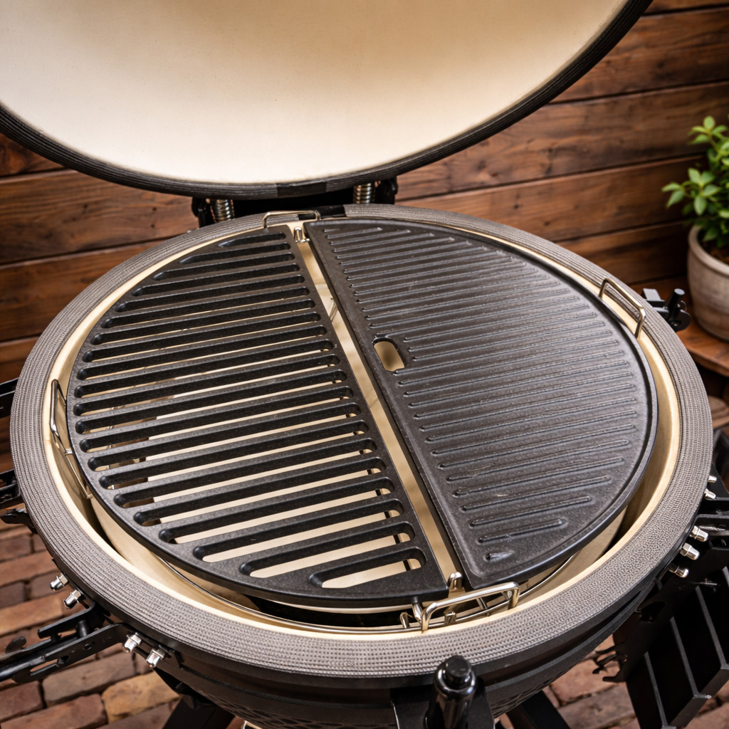 A round grill grate with one half slatted and the other half a cast iron plate.