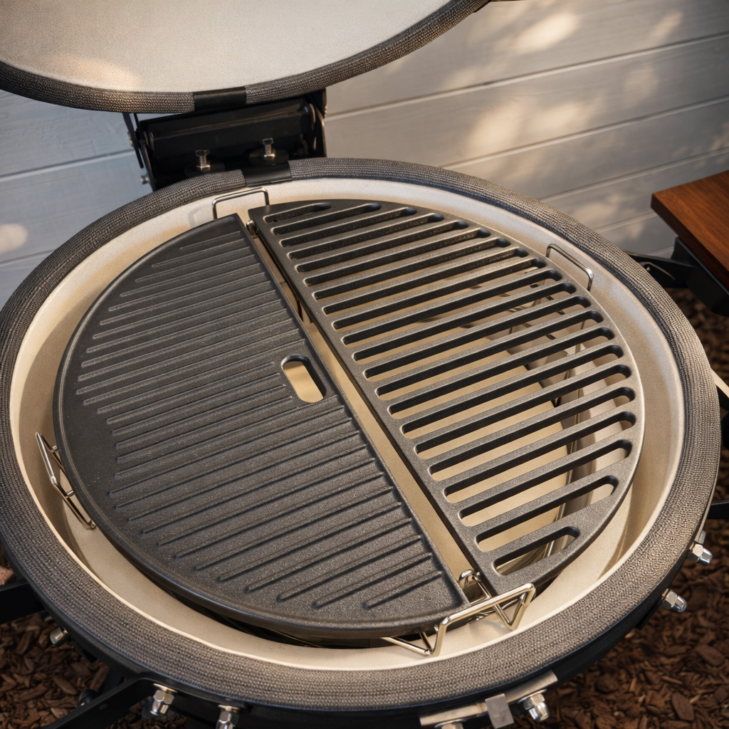 An open ceramic grill with a griddle and a grate, set on wooden planks.