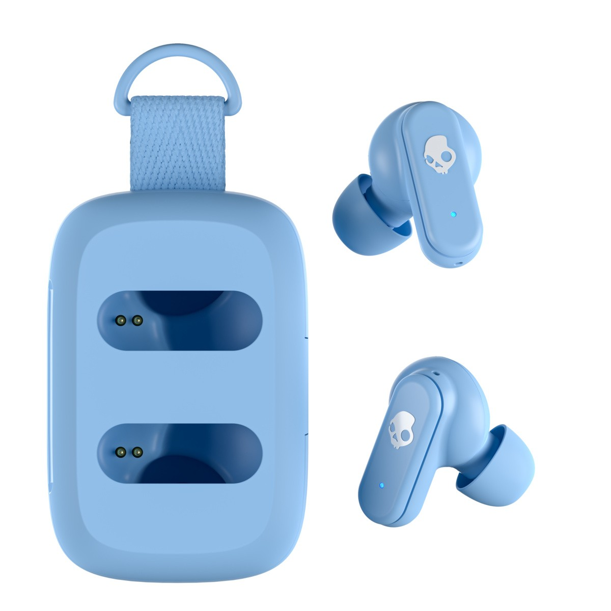 Mavi Skullcandy kulaklık ve şarj kutusu. Beyaz arka plan.