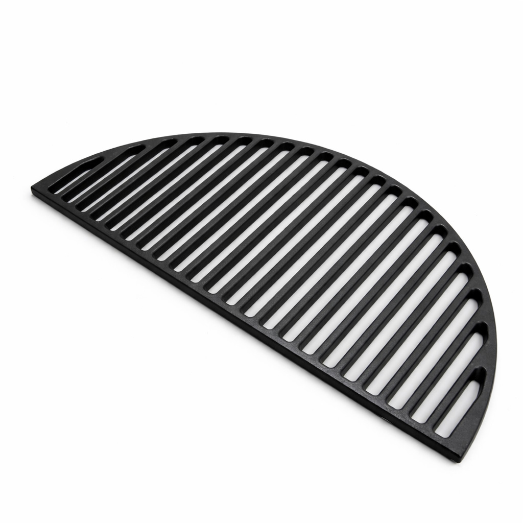 A black, half-moon shaped cast iron grill grate on a white background.