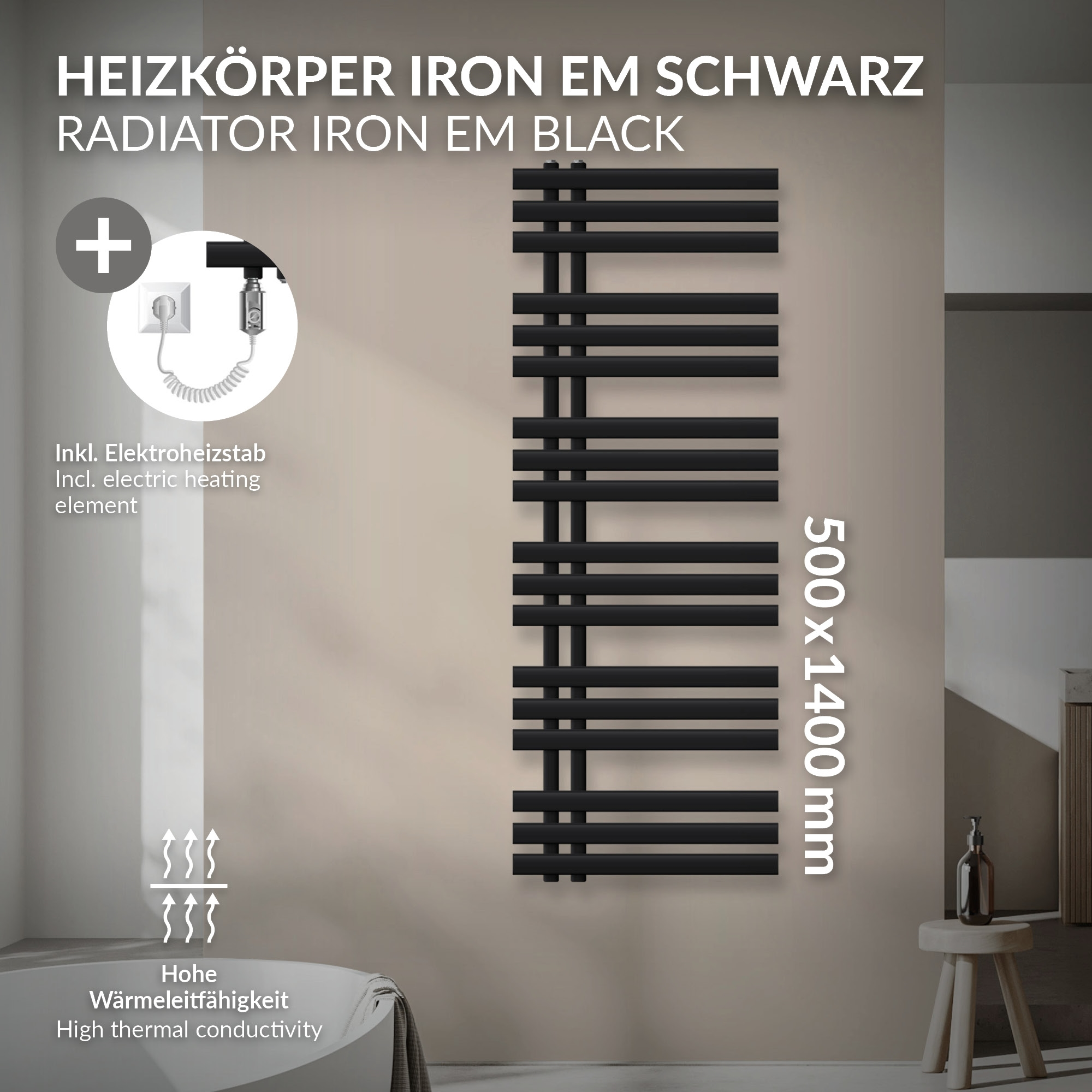 Schwarzer Heizkörper mit horizontalen Rohren. Inkl. Elektroheizstab.