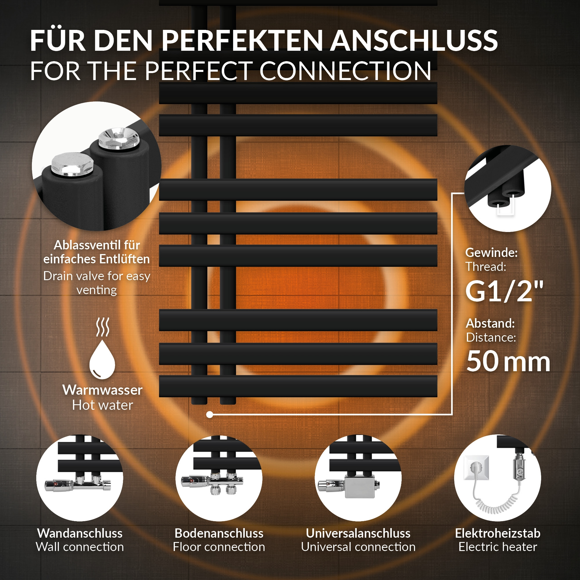 Illustration eines Heizkörpers mit Anschlüssen und technischen Details.