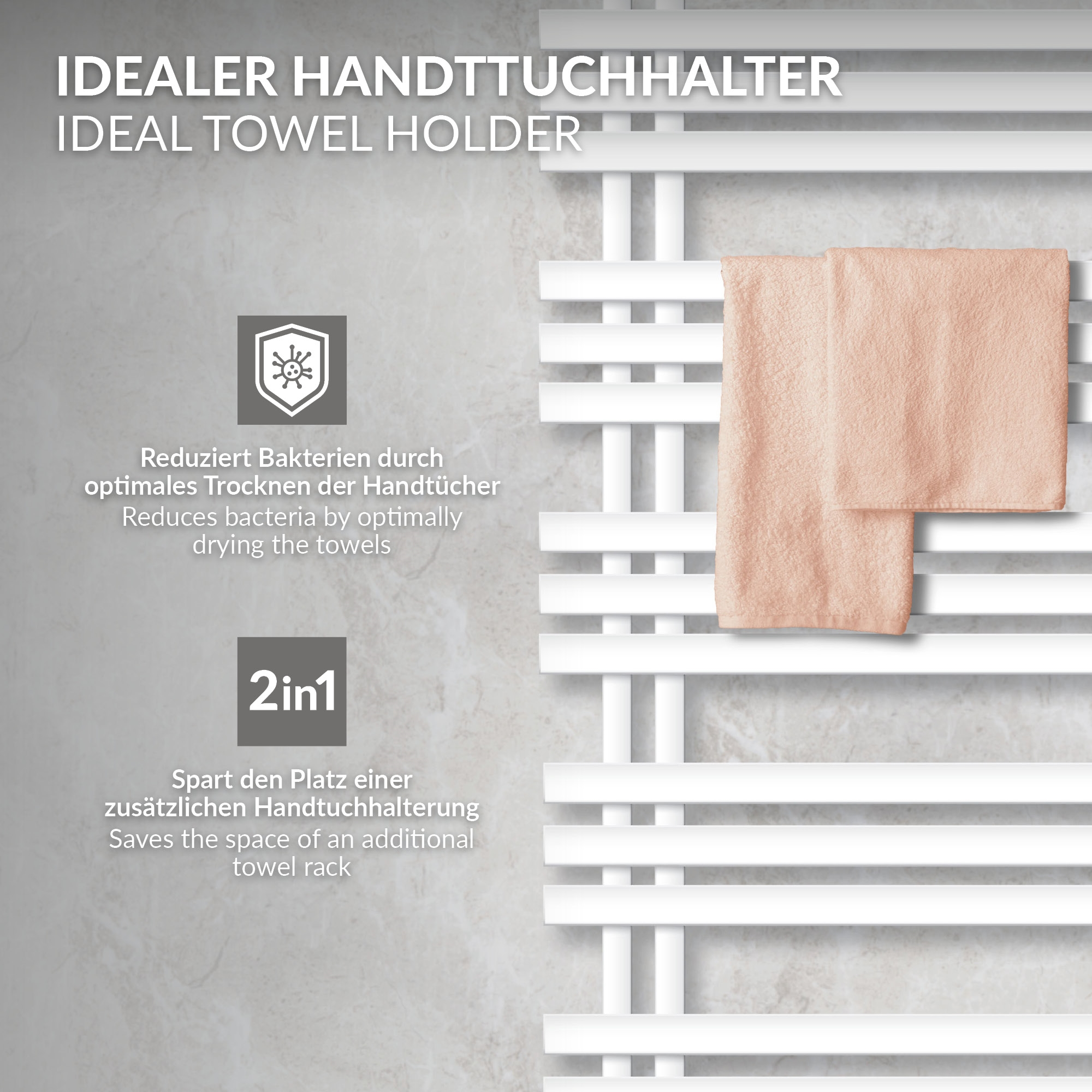 Ein weißer Handtuchhalter mit zwei rosa Handtüchern daran.