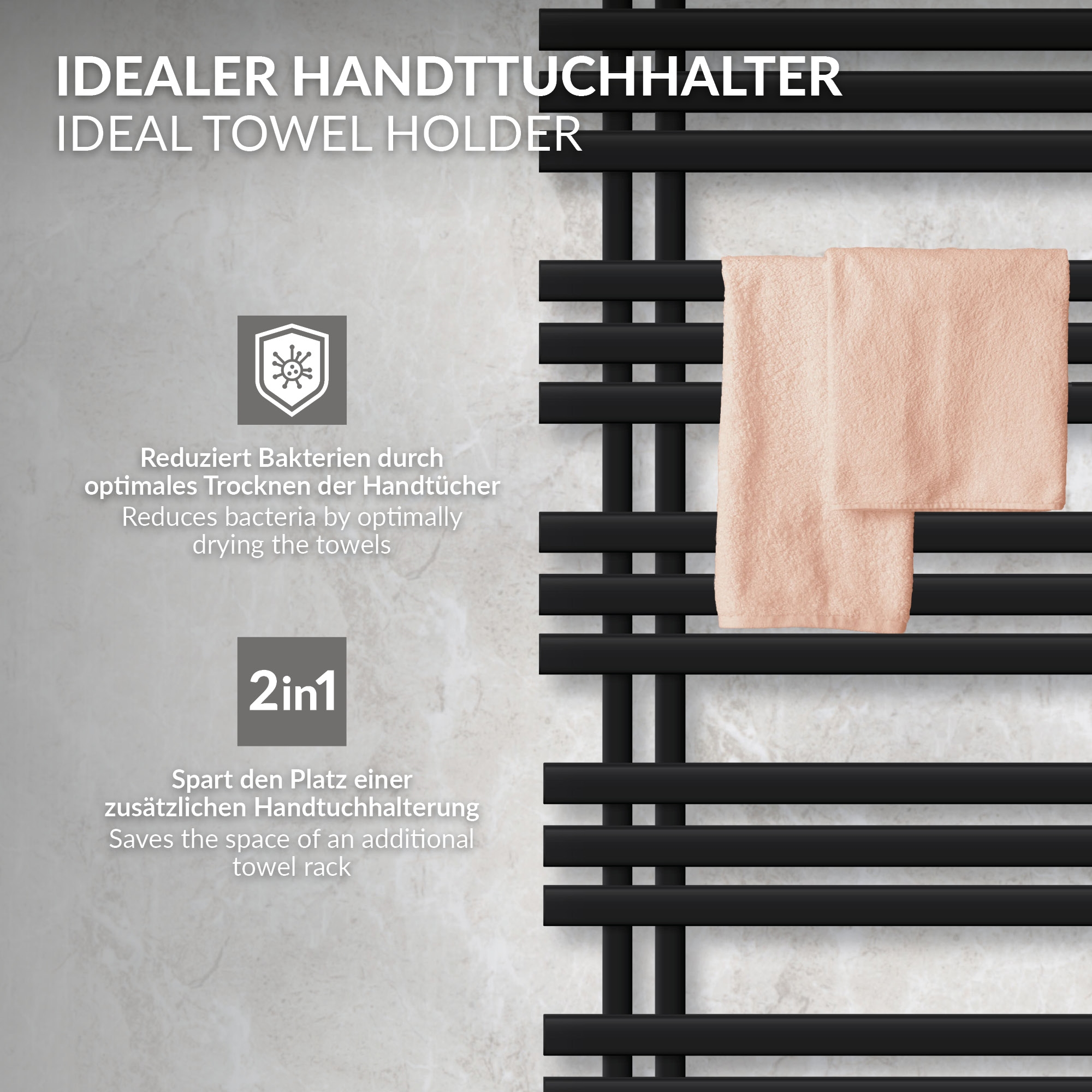 Schwarzer Handtuchhalter mit zwei hellrosa Handtüchern auf Marmorwand.