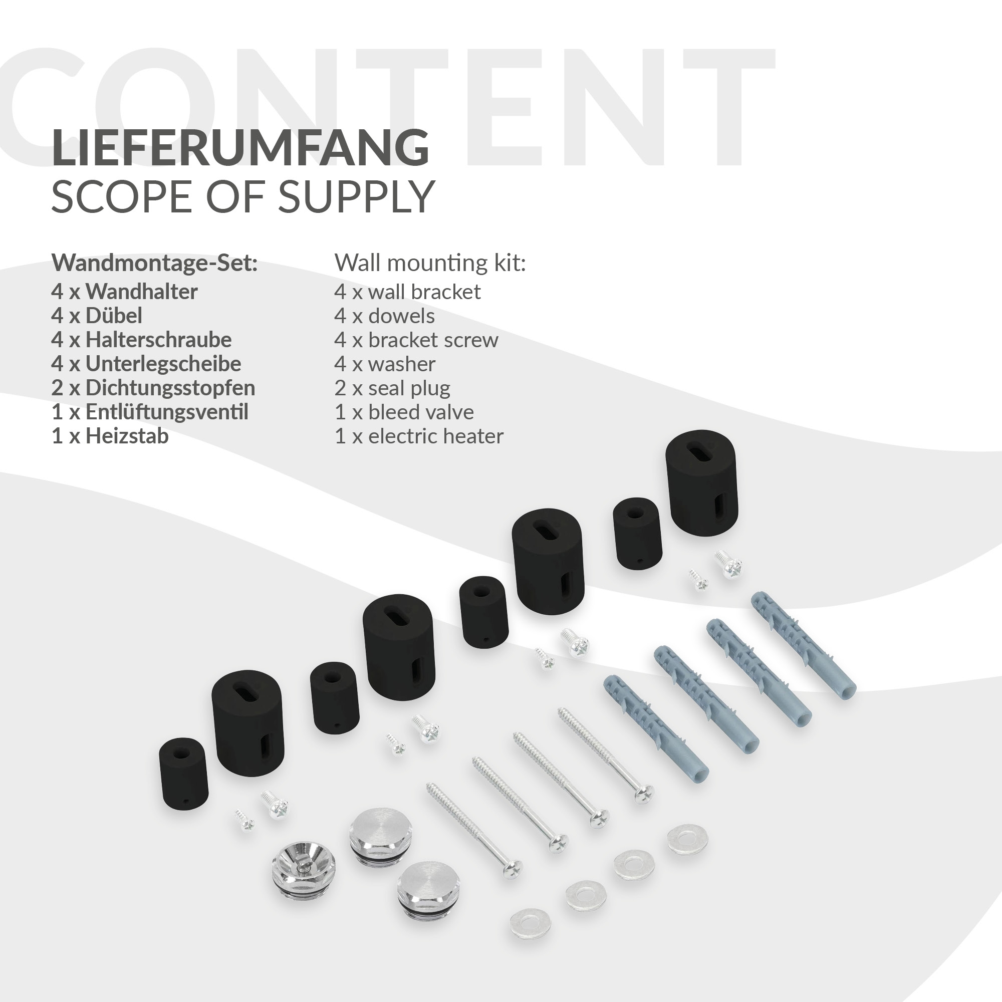 Teile eines Wandmontagesets: Halter, Dübel, Schrauben, Dichtungen, Ventil, Heizelement.
