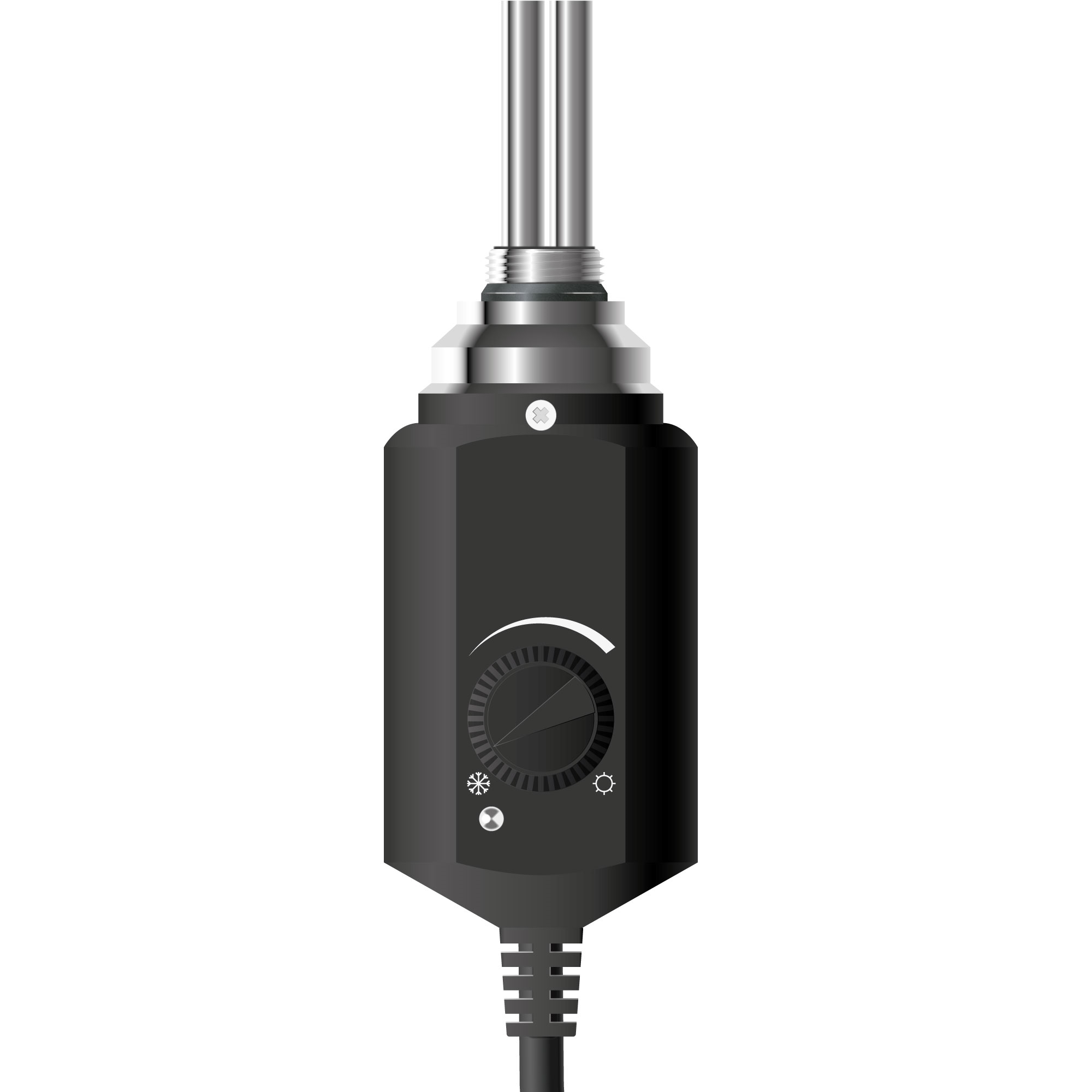 Schwarzer Thermostat mit Drehregler, Frost- und Sonnensymbolen.