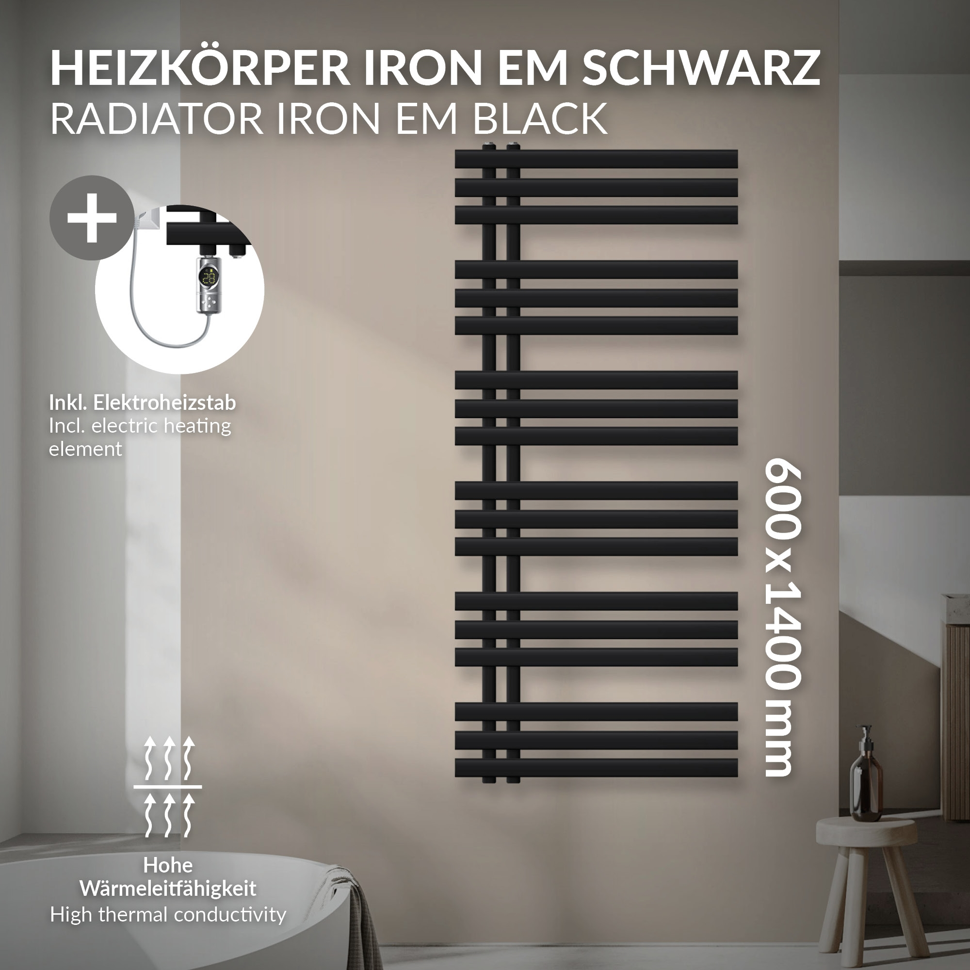 Schwarzer Heizkörper 600x1400mm mit Elektroheizelement und hoher Wärmeleitfähigkeit.