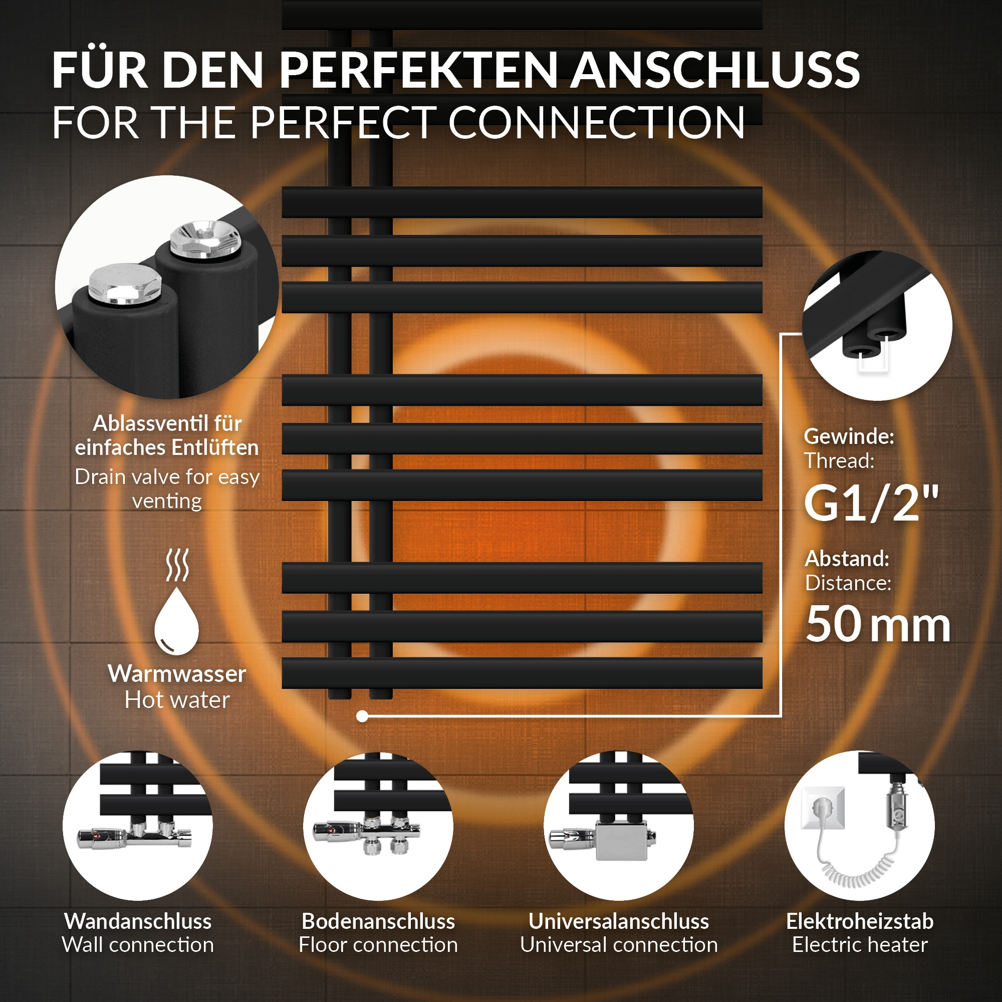 Schwarz Heizkörper mit Anschlüssen: Wand, Boden, Universal, Elektro.