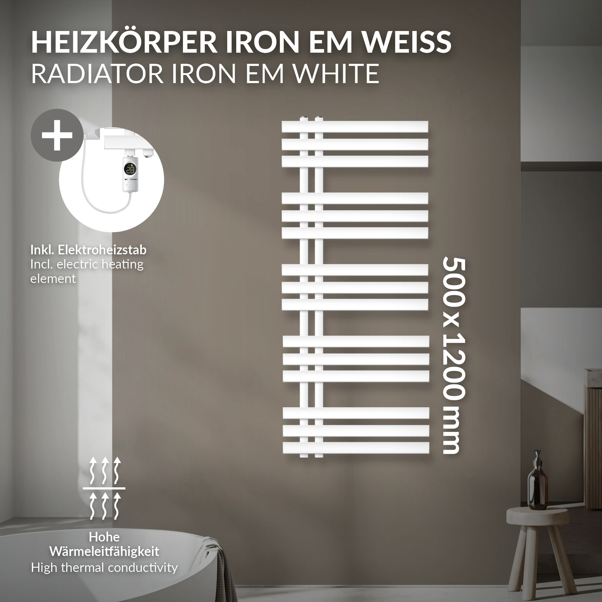 Weißer Heizkörper mit Heizstab, 500x1200mm, für hohe Wärmeleitfähigkeit.
